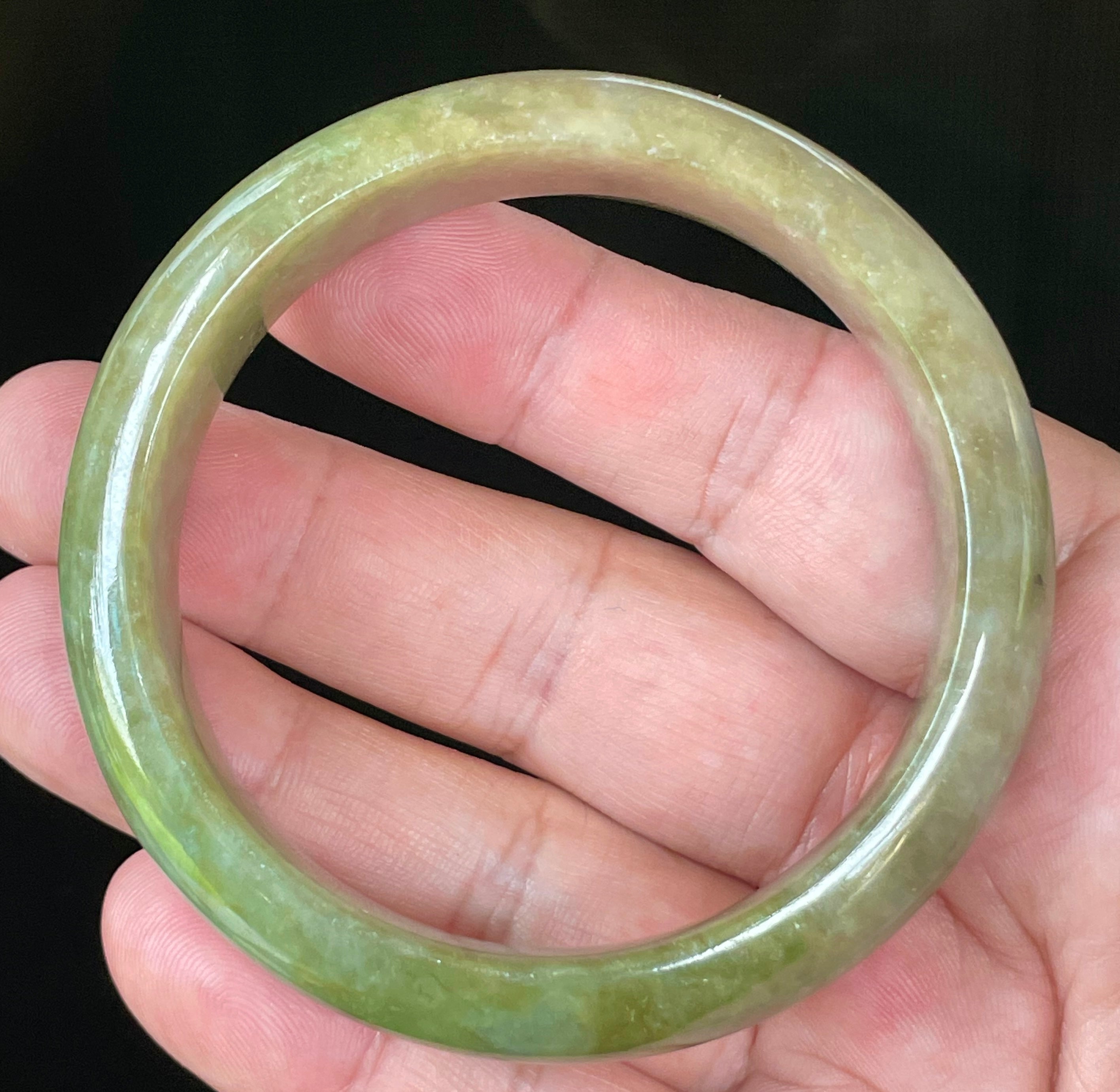 Natural Grade A Certified Burmese Jadeite Jade Bangle – Icy Apple & Forest Green with Milky Honey White Hues – 58mm – JB040