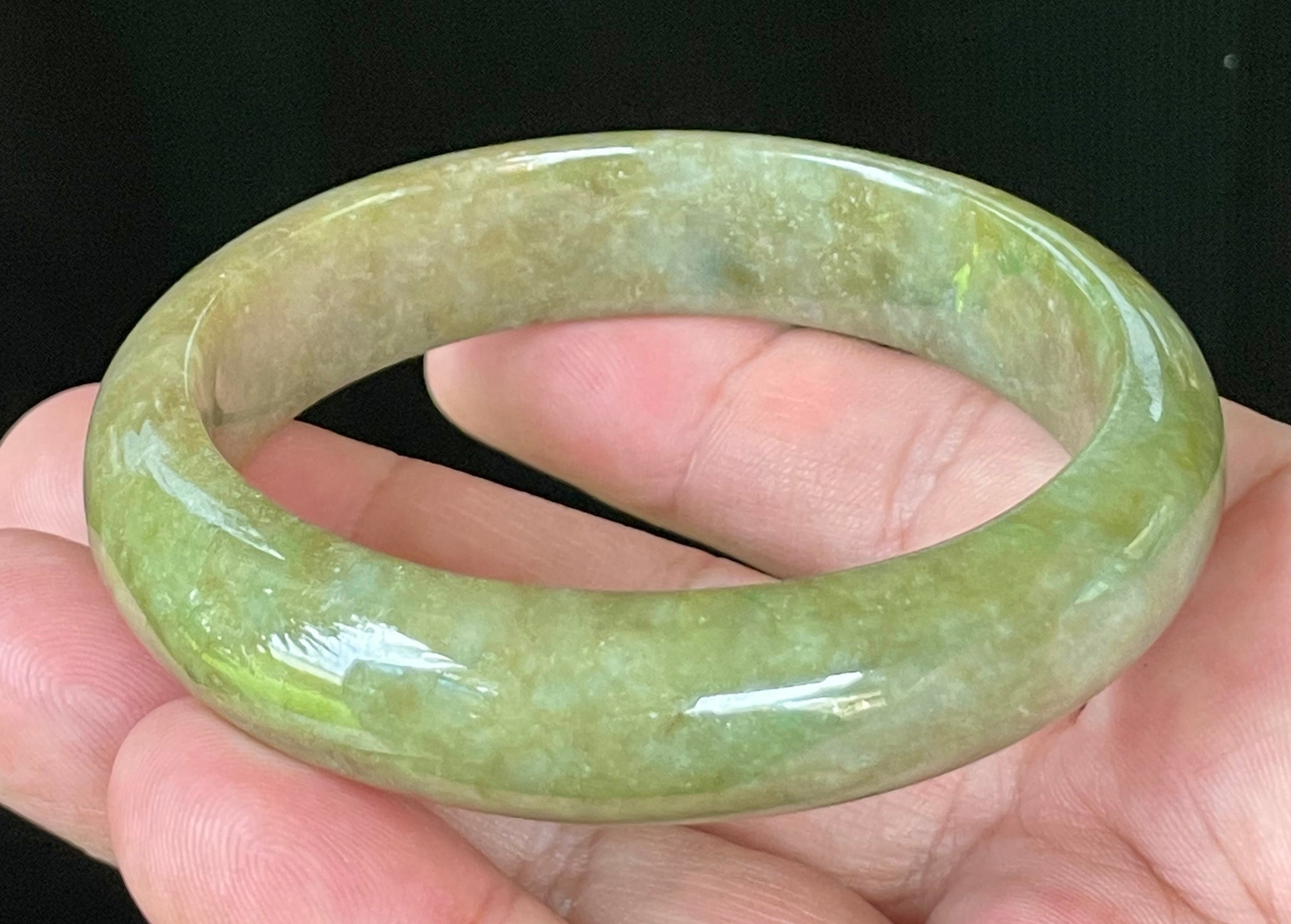 Natural Grade A Certified Burmese Jadeite Jade Bangle – Icy Apple & Forest Green with Milky Honey White Hues – 58mm – JB040