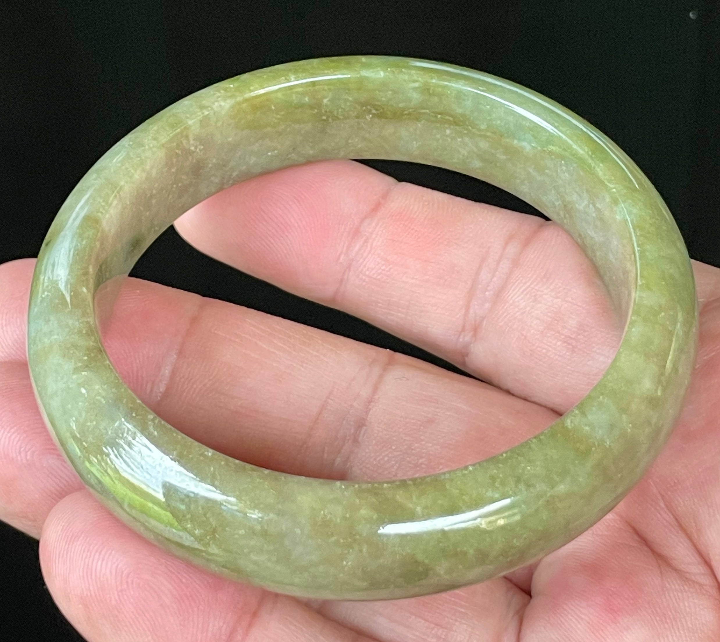 Natural Grade A Certified Burmese Jadeite Jade Bangle – Icy Apple & Forest Green with Milky Honey White Hues – 58mm – JB040