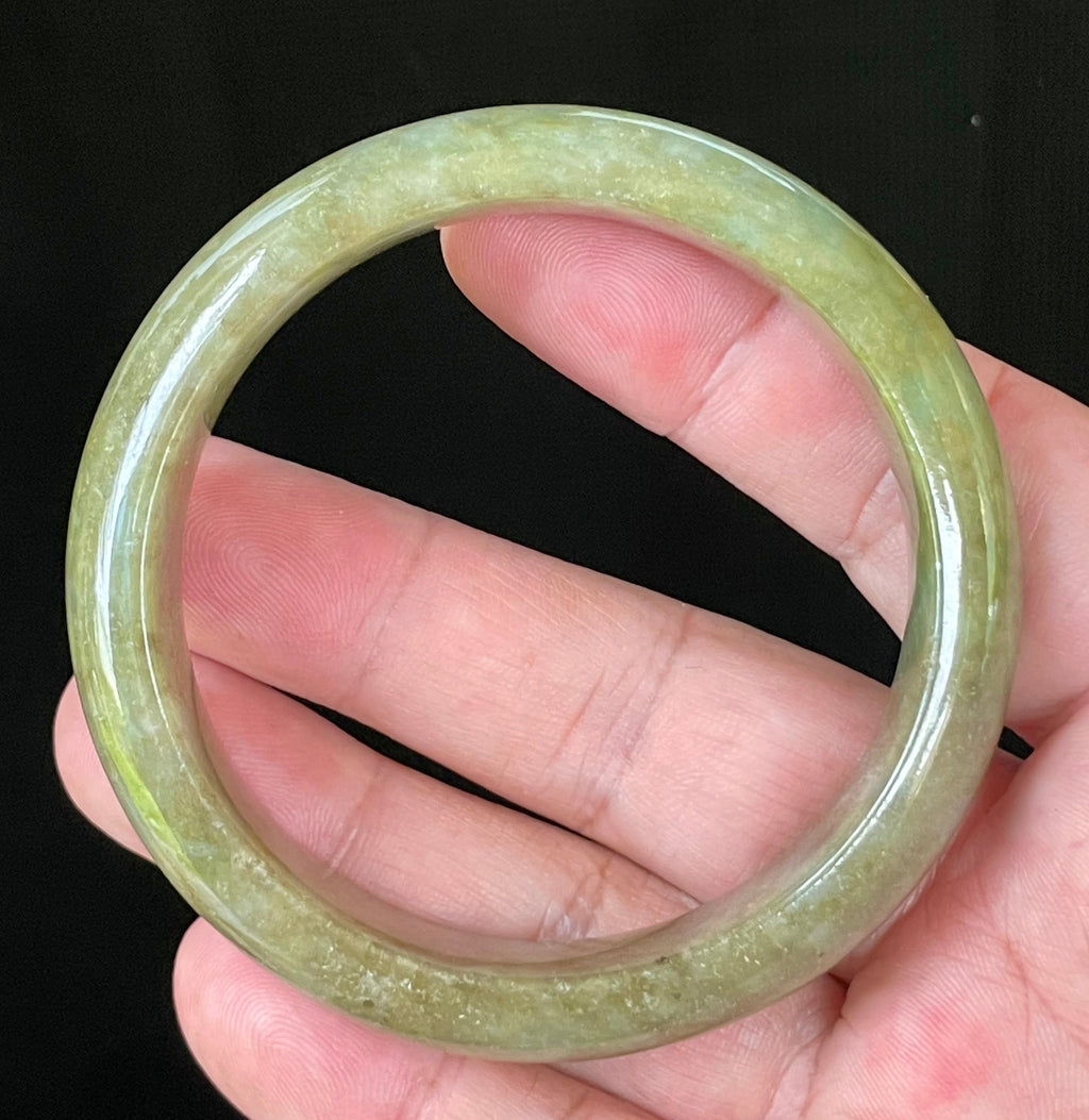 Natural Grade A Certified Burmese Jadeite Jade Bangle – Icy Apple & Forest Green with Milky Honey White Hues – 58mm – JB040