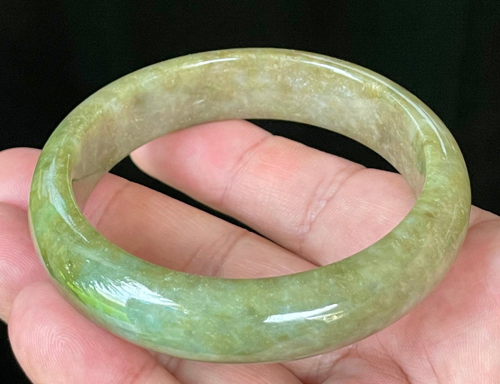Natural Grade A Certified Burmese Jadeite Jade Bangle – Icy Apple & Forest Green with Milky Honey White Hues – 58mm – JB040