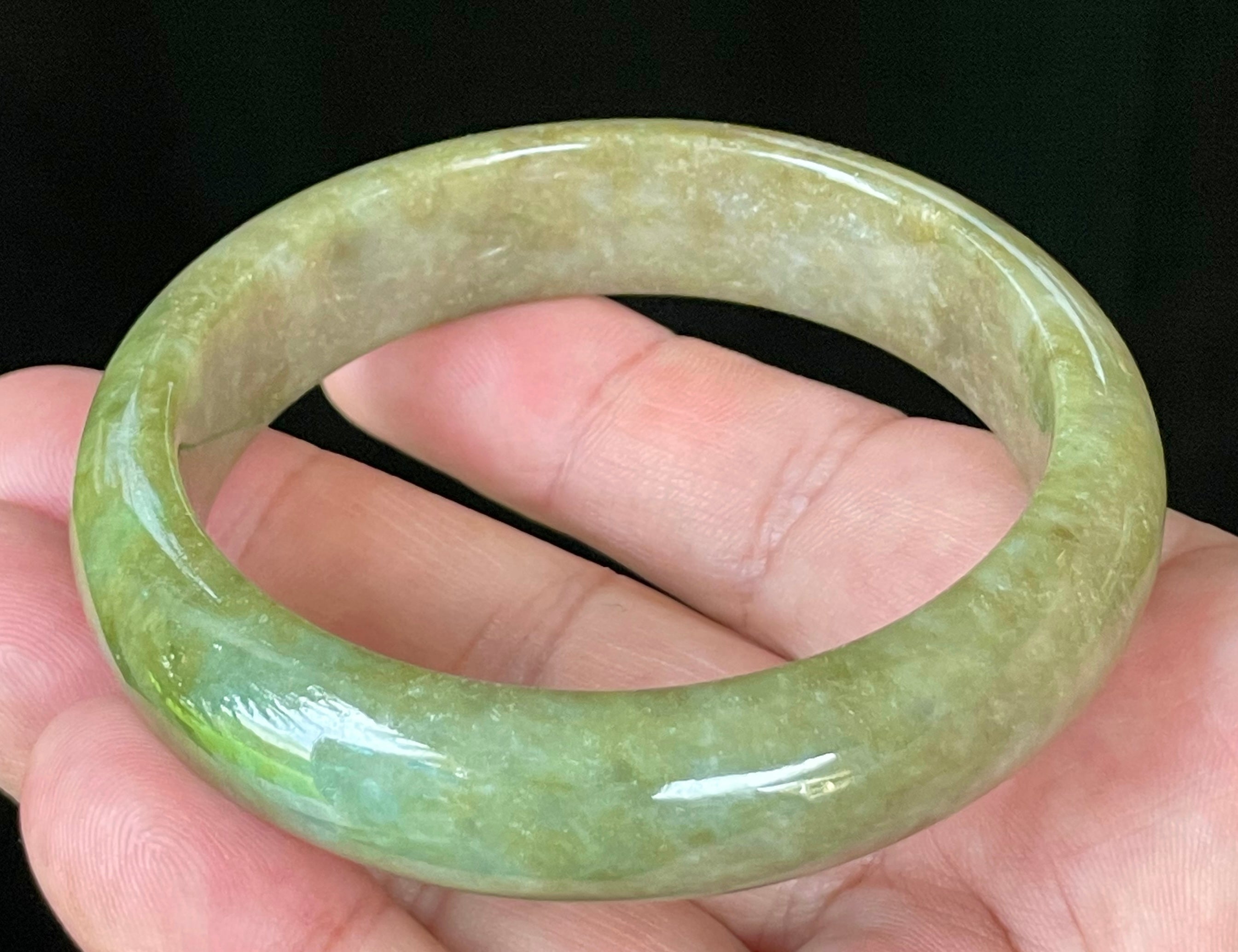 Natural Grade A Certified Burmese Jadeite Jade Bangle – Icy Apple & Forest Green with Milky Honey White Hues – 58mm – JB040