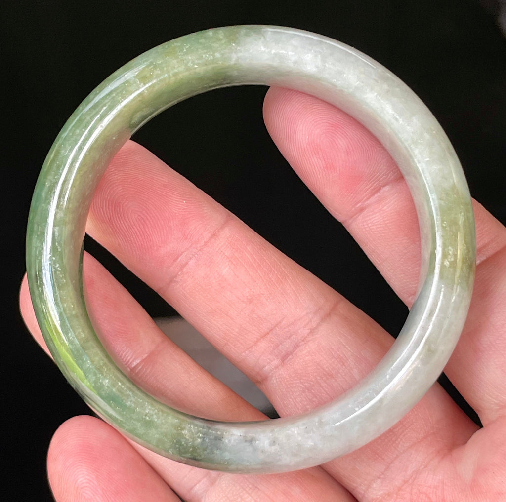 Natural Grade A Certified Burmese Jadeite Jade Bangle – Icy Apple & Jadeite Green with Greyish Milky White & Black Hues – 54.8mm – JB050