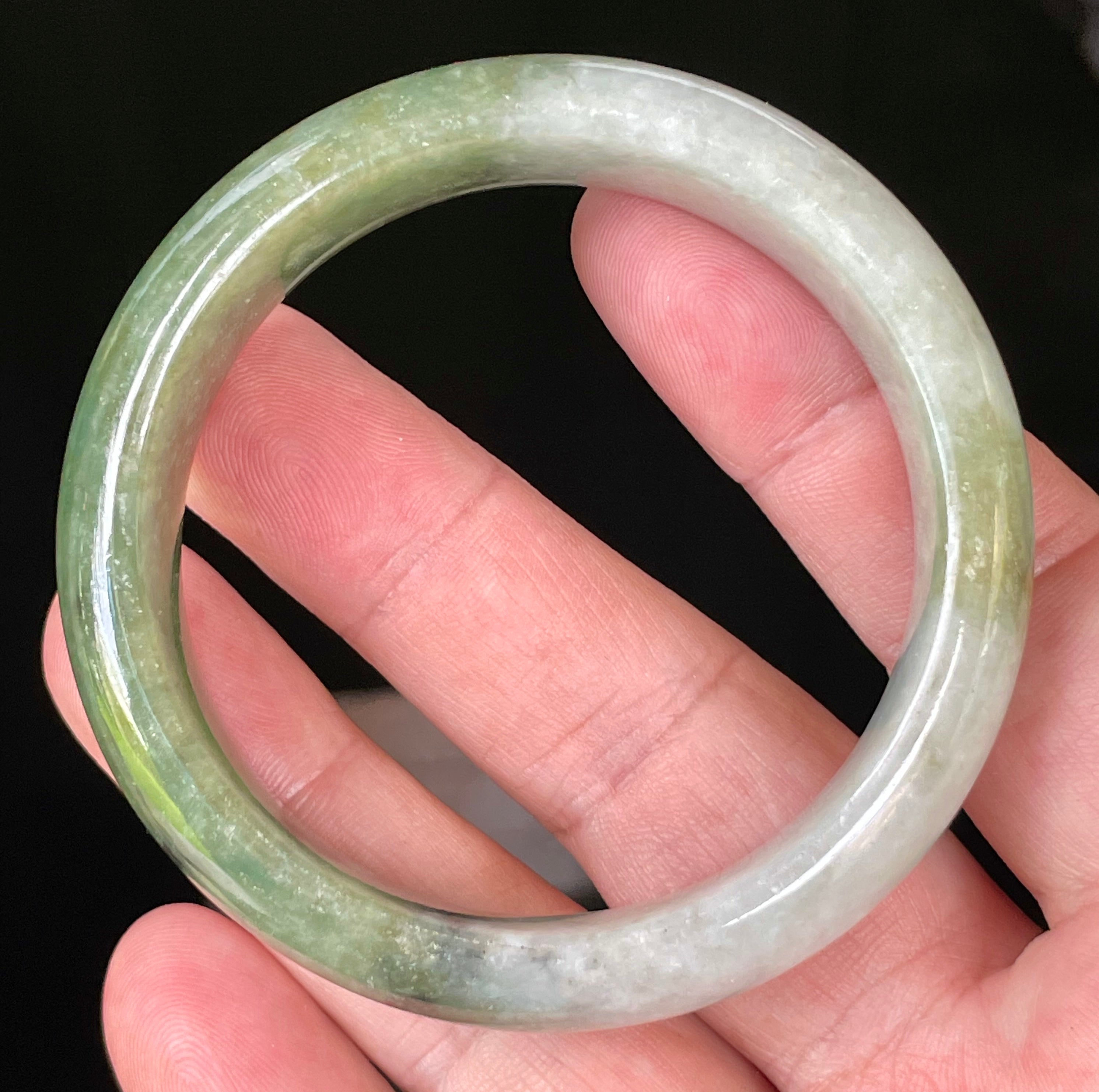 Natural Grade A Certified Burmese Jadeite Jade Bangle – Icy Apple & Jadeite Green with Greyish Milky White & Black Hues – 54.8mm – JB050