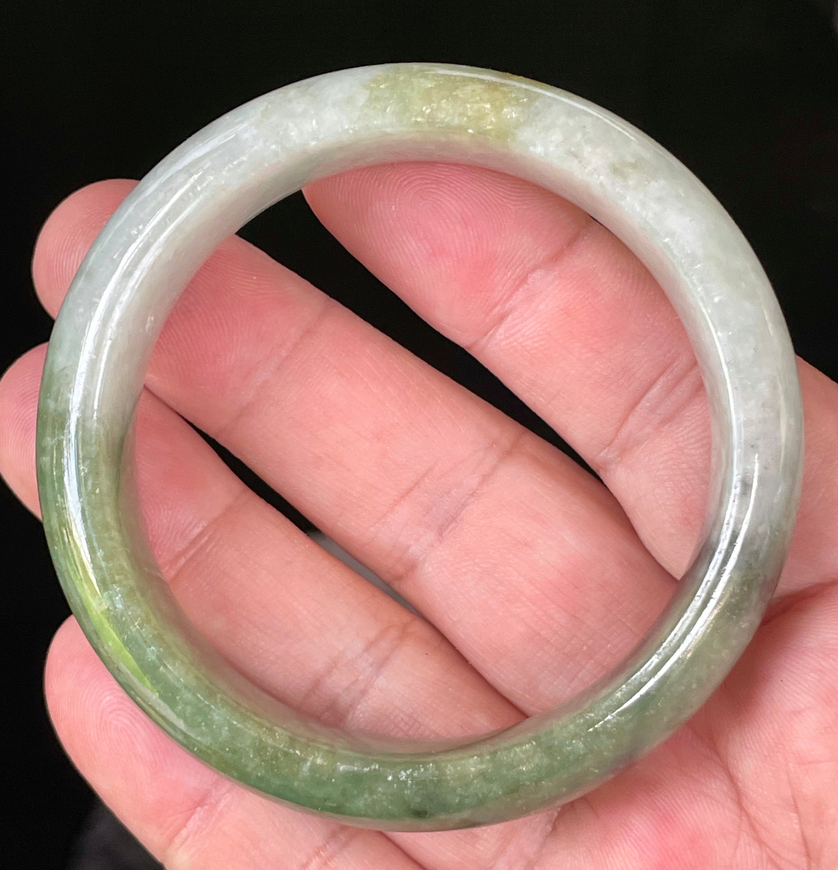 Natural Grade A Certified Burmese Jadeite Jade Bangle – Icy Apple & Jadeite Green with Greyish Milky White & Black Hues – 54.8mm – JB050