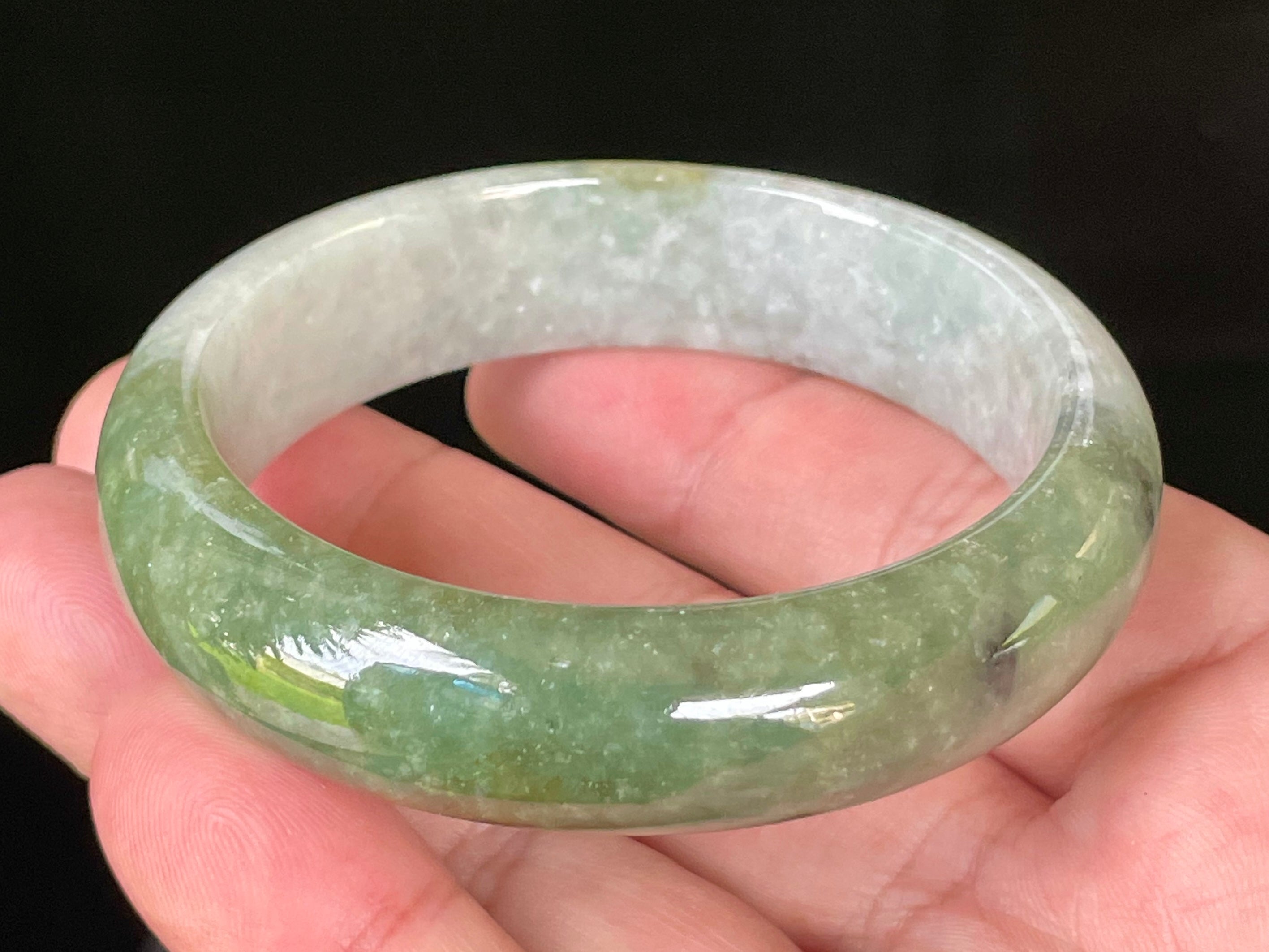 Natural Grade A Certified Burmese Jadeite Jade Bangle – Icy Apple & Jadeite Green with Greyish Milky White & Black Hues – 54.8mm – JB050