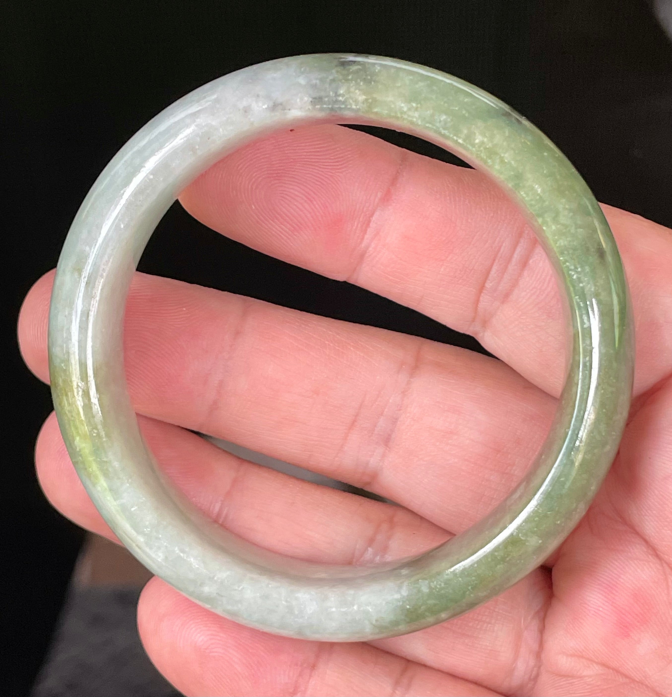 Natural Grade A Certified Burmese Jadeite Jade Bangle – Icy Apple & Jadeite Green with Greyish Milky White & Black Hues – 54.8mm – JB050
