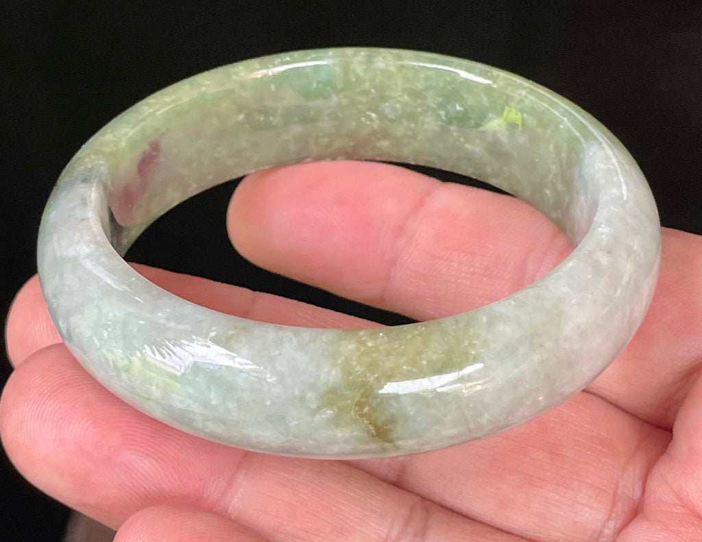 Natural Grade A Certified Burmese Jadeite Jade Bangle – Icy Apple & Jadeite Green with Greyish Milky White & Black Hues – 54.8mm – JB050