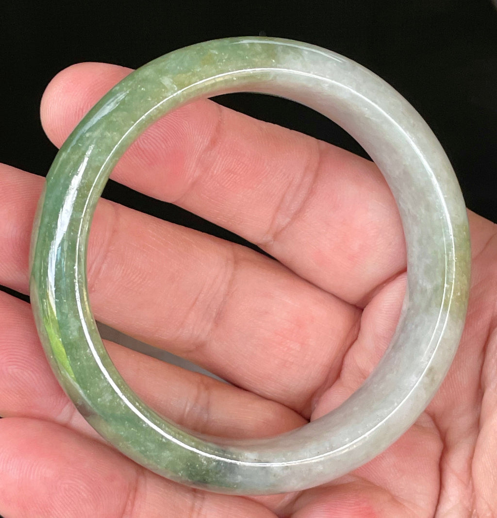 Natural Grade A Certified Burmese Jadeite Jade Bangle – Icy Apple & Jadeite Green with Greyish Milky White & Black Hues – 54.8mm – JB050