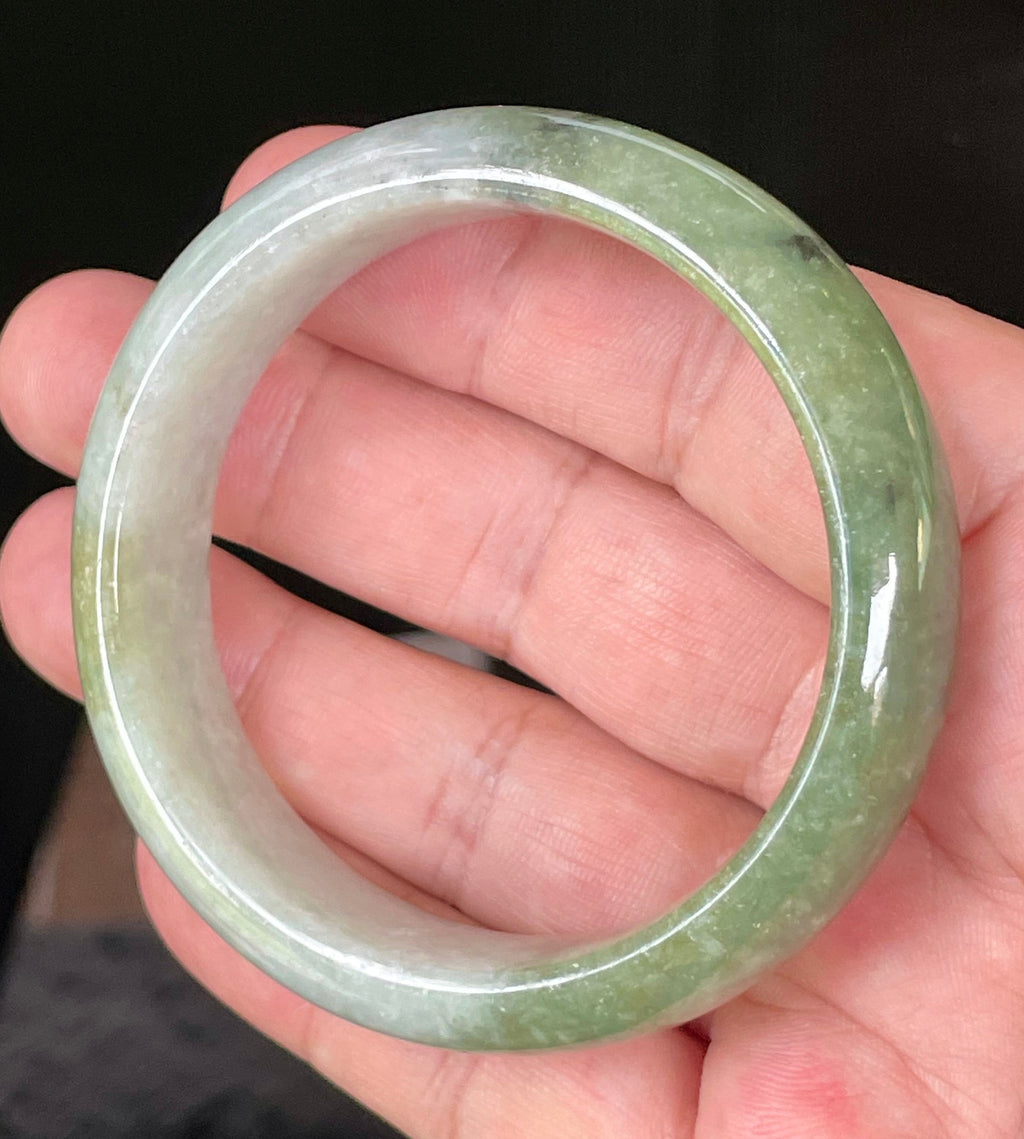 Natural Grade A Certified Burmese Jadeite Jade Bangle – Icy Apple & Jadeite Green with Greyish Milky White & Black Hues – 54.8mm – JB050