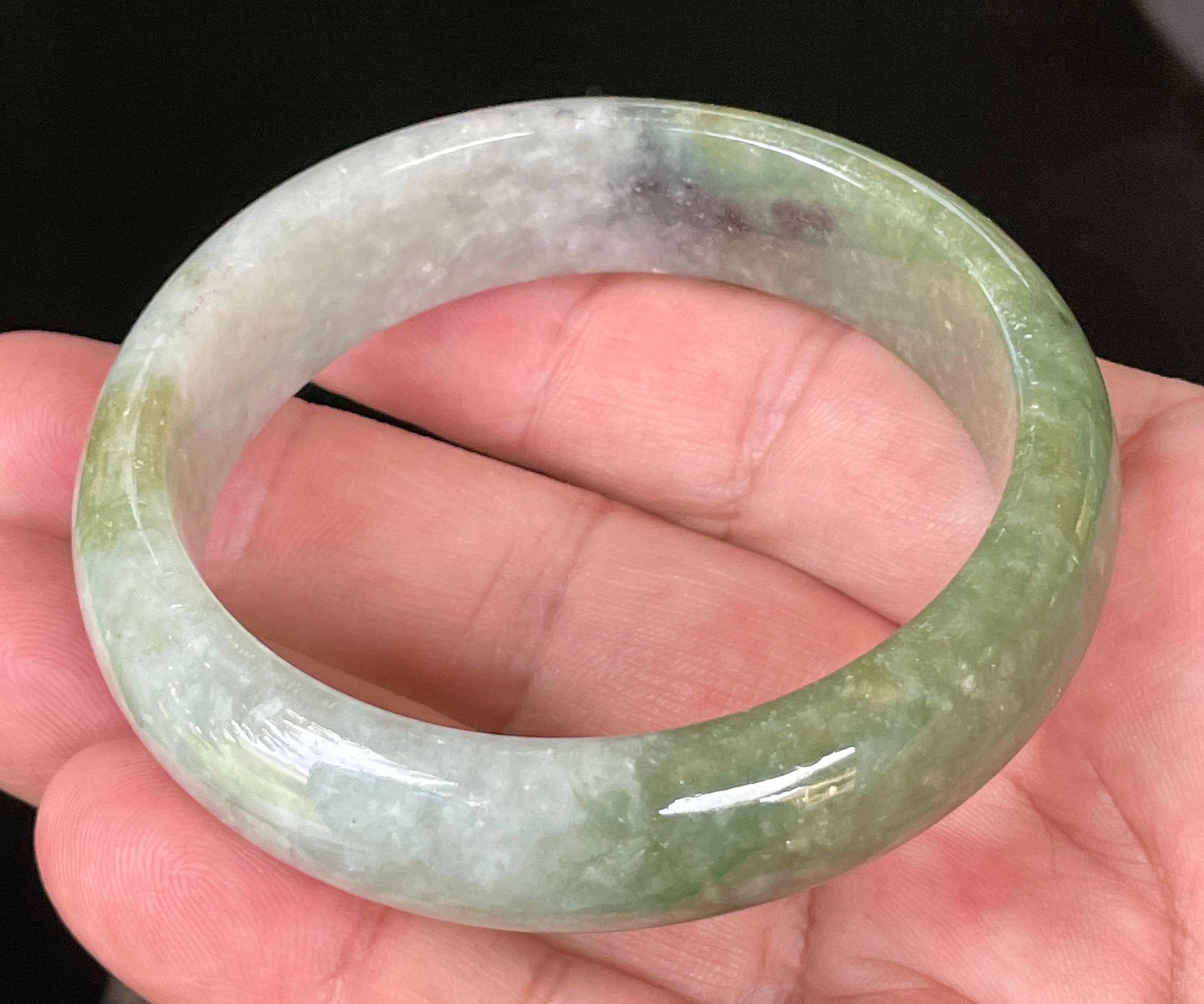 Natural Grade A Certified Burmese Jadeite Jade Bangle – Icy Apple & Jadeite Green with Greyish Milky White & Black Hues – 54.8mm – JB050