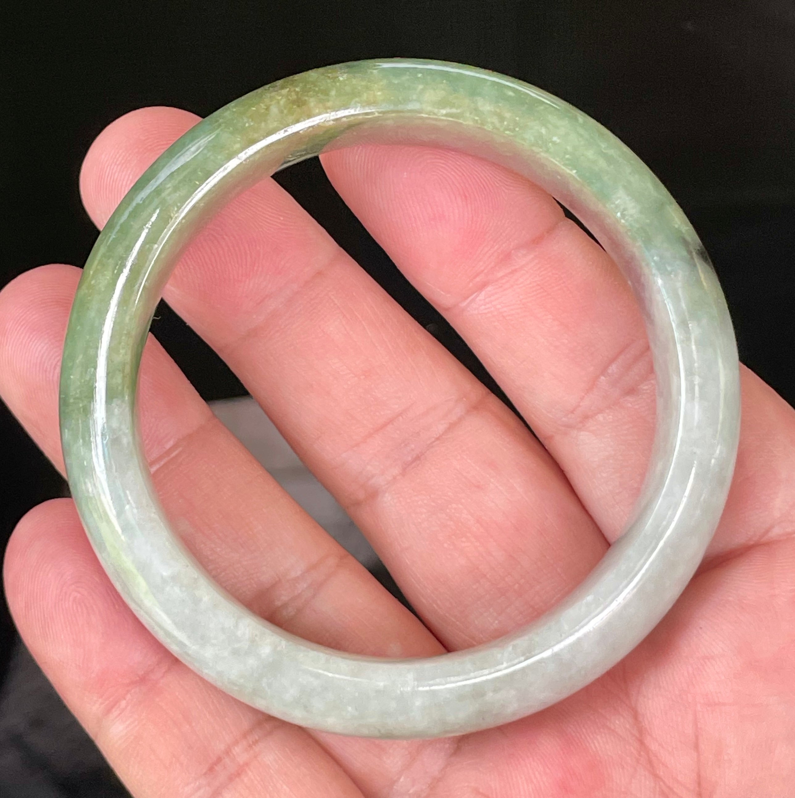 Natural Grade A Certified Burmese Jadeite Jade Bangle – Icy Apple & Jadeite Green with Greyish Milky White & Black Hues – 54.8mm – JB050