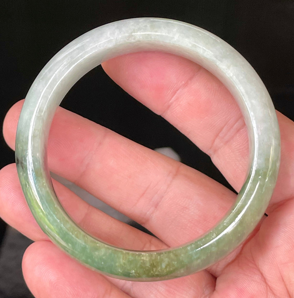Natural Grade A Certified Burmese Jadeite Jade Bangle – Icy Apple & Jadeite Green with Greyish Milky White & Black Hues – 54.8mm – JB050