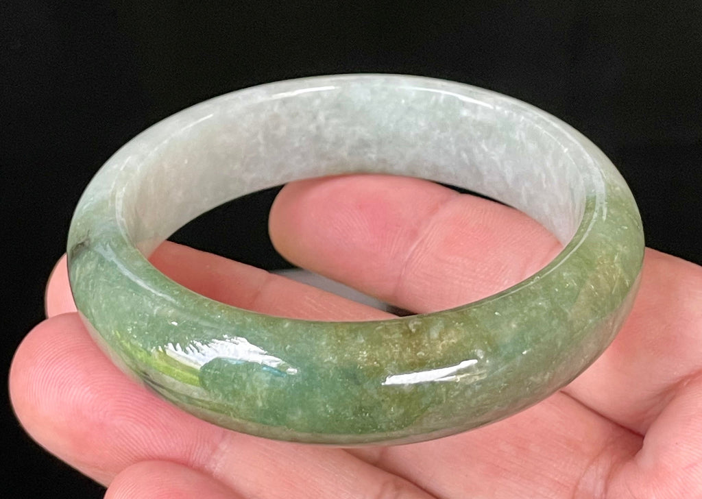 Natural Grade A Certified Burmese Jadeite Jade Bangle – Icy Apple & Jadeite Green with Greyish Milky White & Black Hues – 54.8mm – JB050