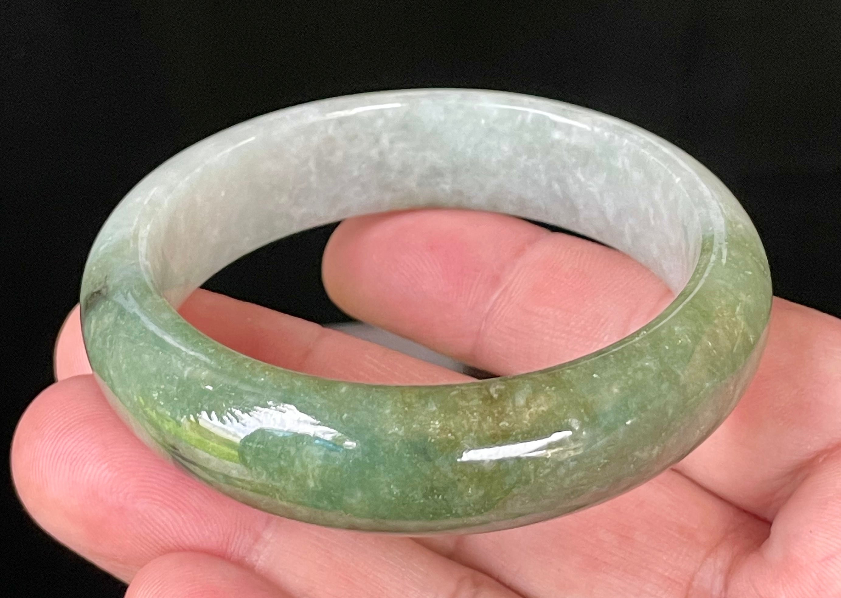 Natural Grade A Certified Burmese Jadeite Jade Bangle – Icy Apple & Jadeite Green with Greyish Milky White & Black Hues – 54.8mm – JB050