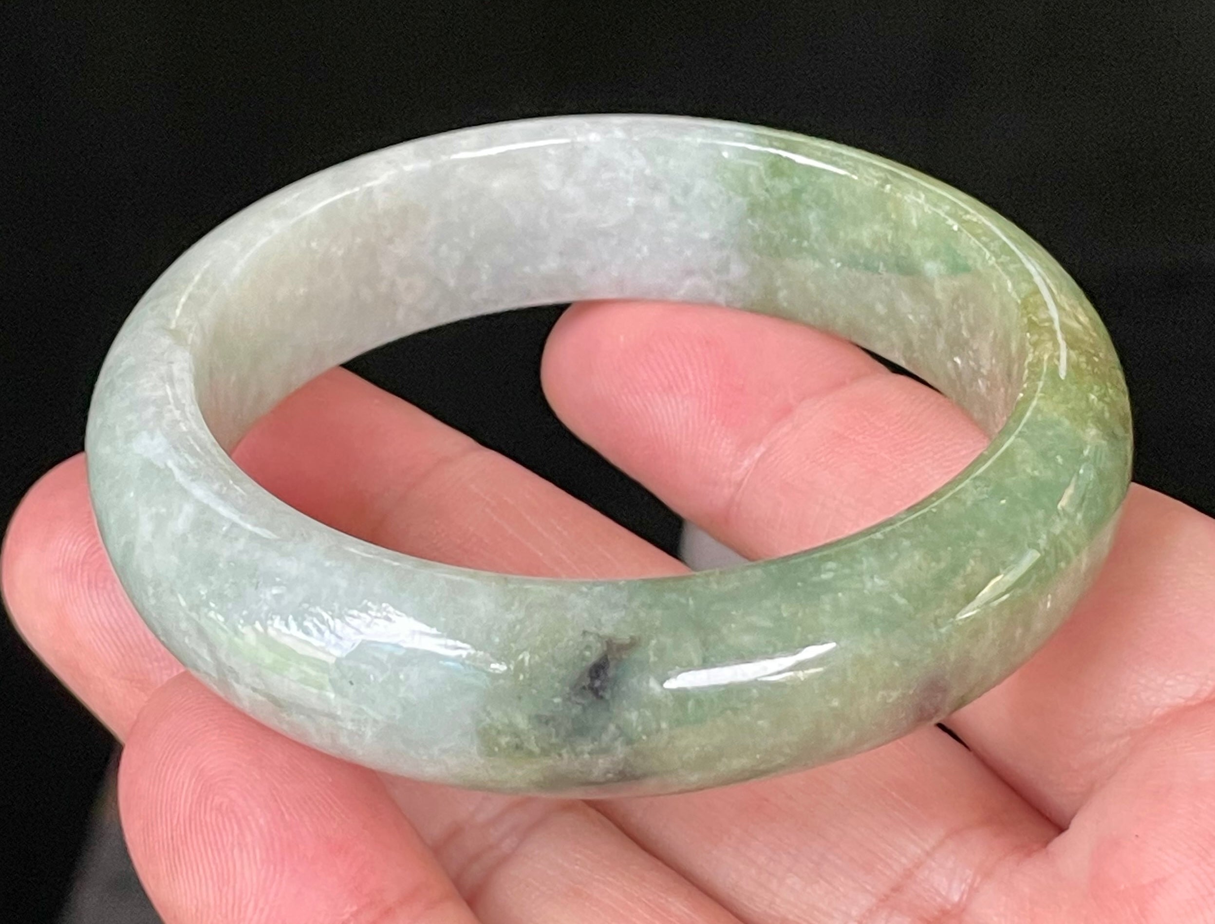 Natural Grade A Certified Burmese Jadeite Jade Bangle – Icy Apple & Jadeite Green with Greyish Milky White & Black Hues – 54.8mm – JB050