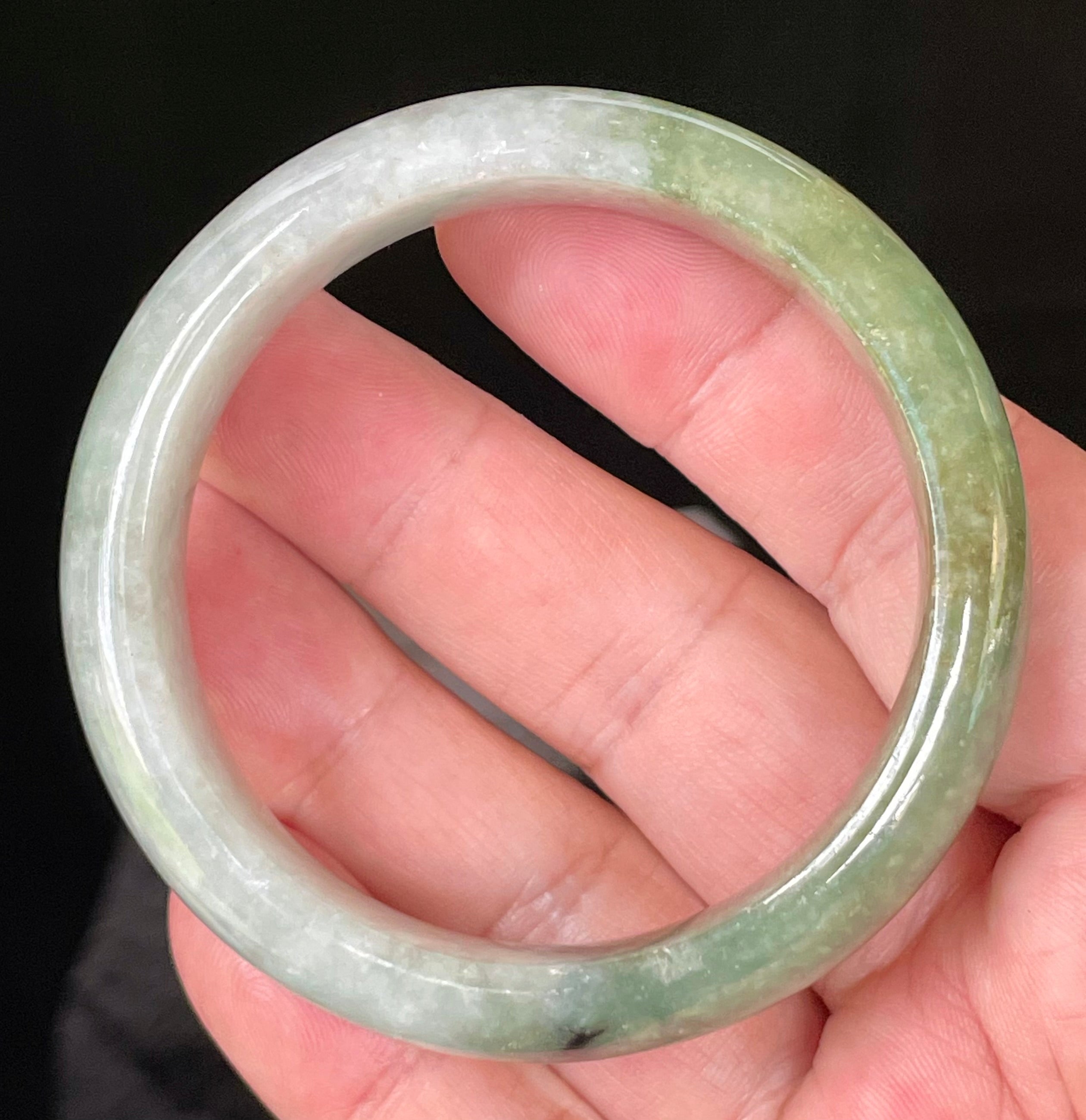 Natural Grade A Certified Burmese Jadeite Jade Bangle – Icy Apple & Jadeite Green with Greyish Milky White & Black Hues – 54.8mm – JB050