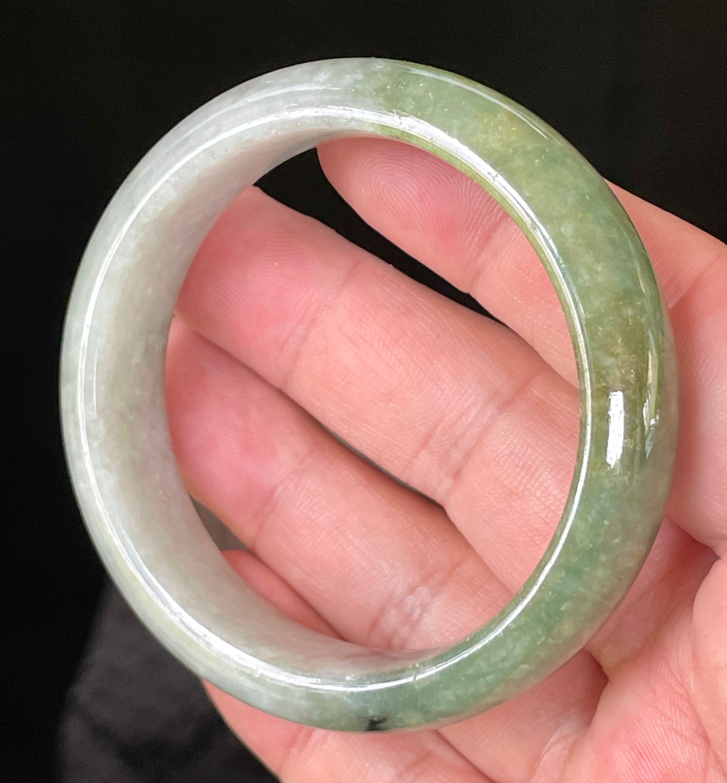 Natural Grade A Certified Burmese Jadeite Jade Bangle – Icy Apple & Jadeite Green with Greyish Milky White & Black Hues – 54.8mm – JB050