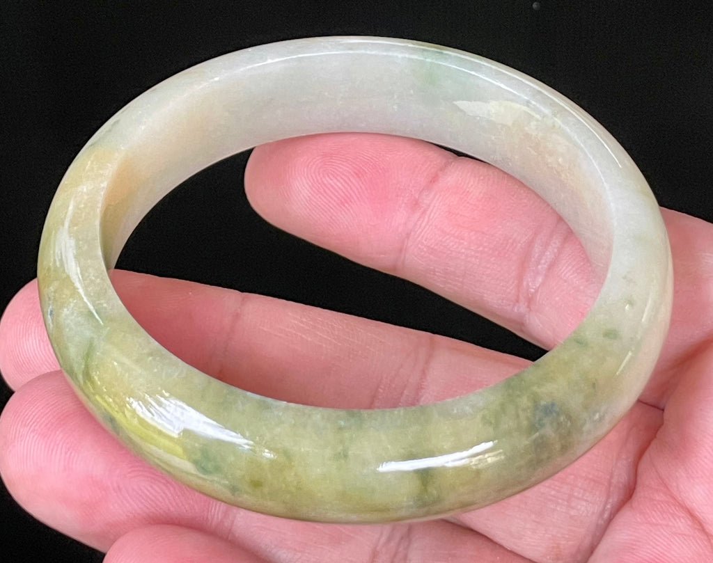 Natural Grade A Certified Burmese Jadeite Jade Bangle – Icy Yellow & Honey with Apple & Imperial Green with Milky White Hues – 58.3mm – JB053