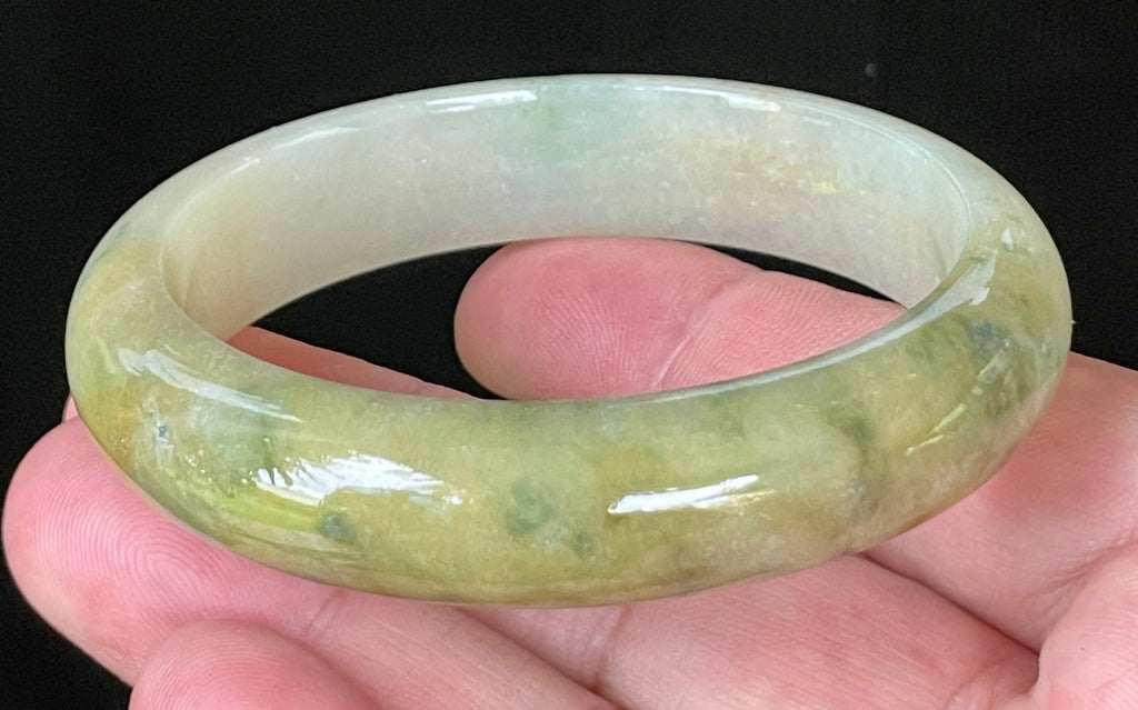 Natural Grade A Certified Burmese Jadeite Jade Bangle – Icy Yellow & Honey with Apple & Imperial Green with Milky White Hues – 58.3mm – JB053