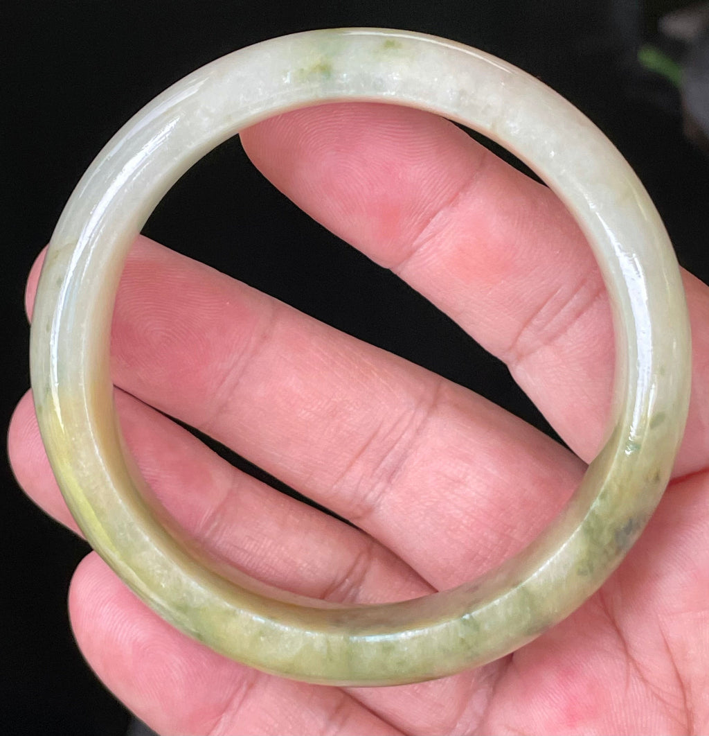 Natural Grade A Certified Burmese Jadeite Jade Bangle – Icy Yellow & Honey with Apple & Imperial Green with Milky White Hues – 58.3mm – JB053
