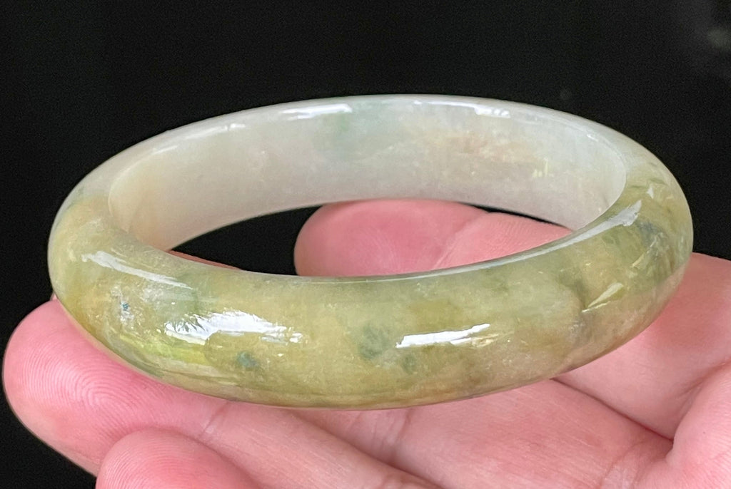 Natural Grade A Certified Burmese Jadeite Jade Bangle – Icy Yellow & Honey with Apple & Imperial Green with Milky White Hues – 58.3mm – JB053