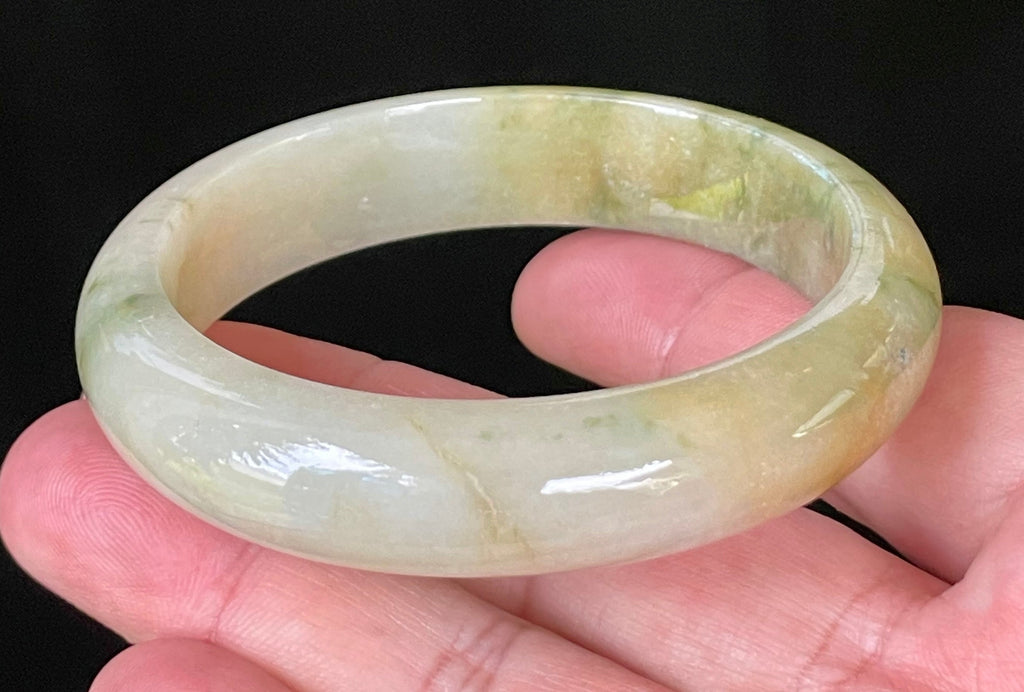 Natural Grade A Certified Burmese Jadeite Jade Bangle – Icy Yellow & Honey with Apple & Imperial Green with Milky White Hues – 58.3mm – JB053