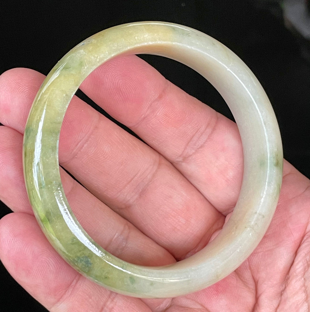 Natural Grade A Certified Burmese Jadeite Jade Bangle – Icy Yellow & Honey with Apple & Imperial Green with Milky White Hues – 58.3mm – JB053