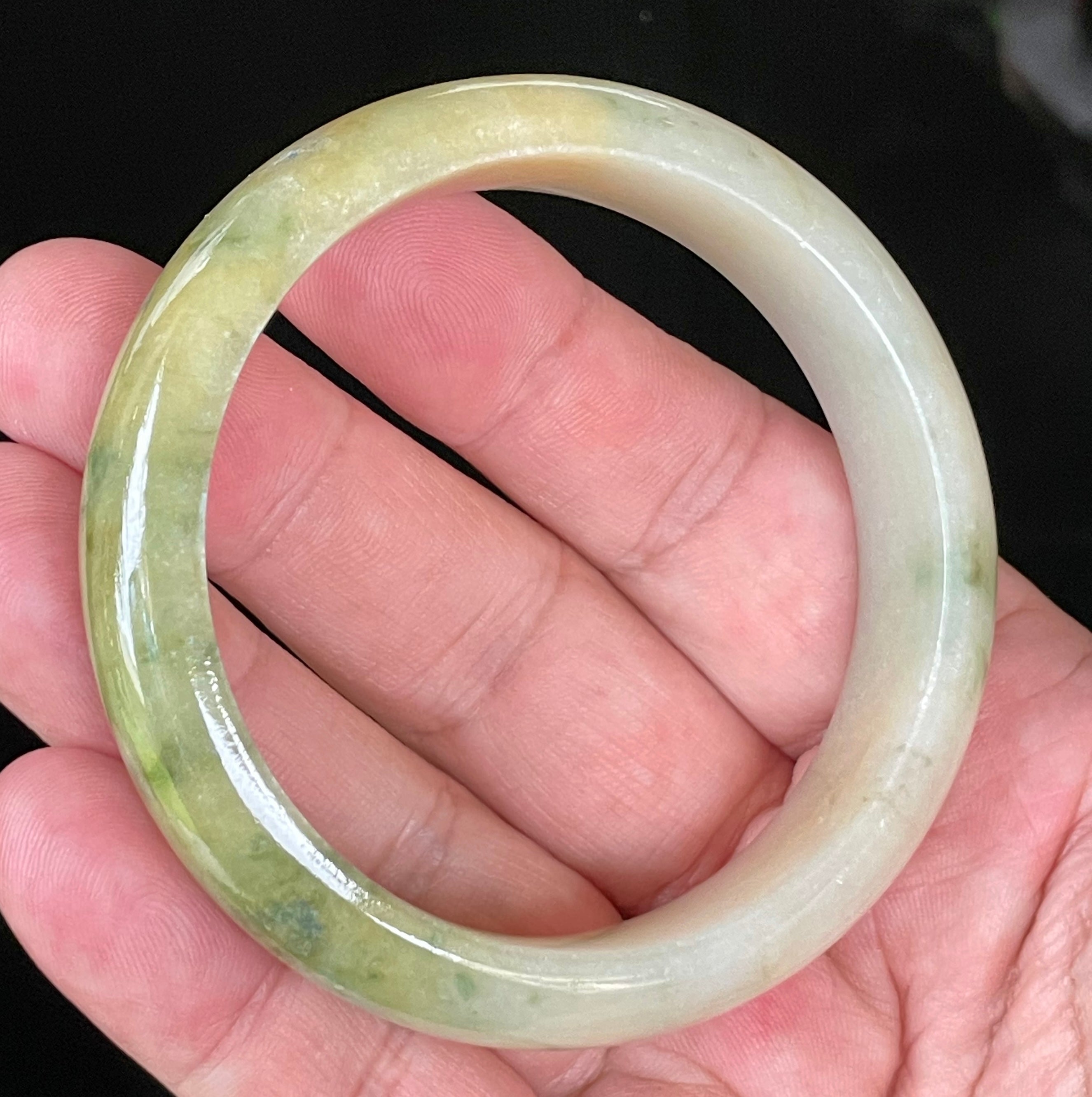 Natural Grade A Certified Burmese Jadeite Jade Bangle – Icy Yellow & Honey with Apple & Imperial Green with Milky White Hues – 58.3mm – JB053