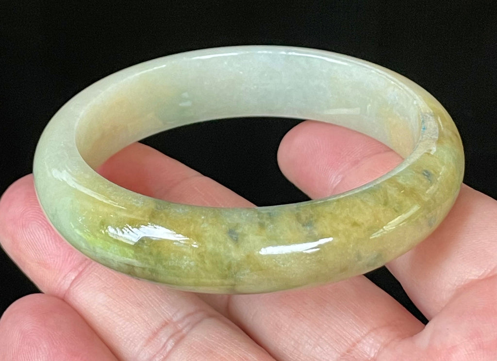 Natural Grade A Certified Burmese Jadeite Jade Bangle – Icy Yellow & Honey with Apple & Imperial Green with Milky White Hues – 58.3mm – JB053