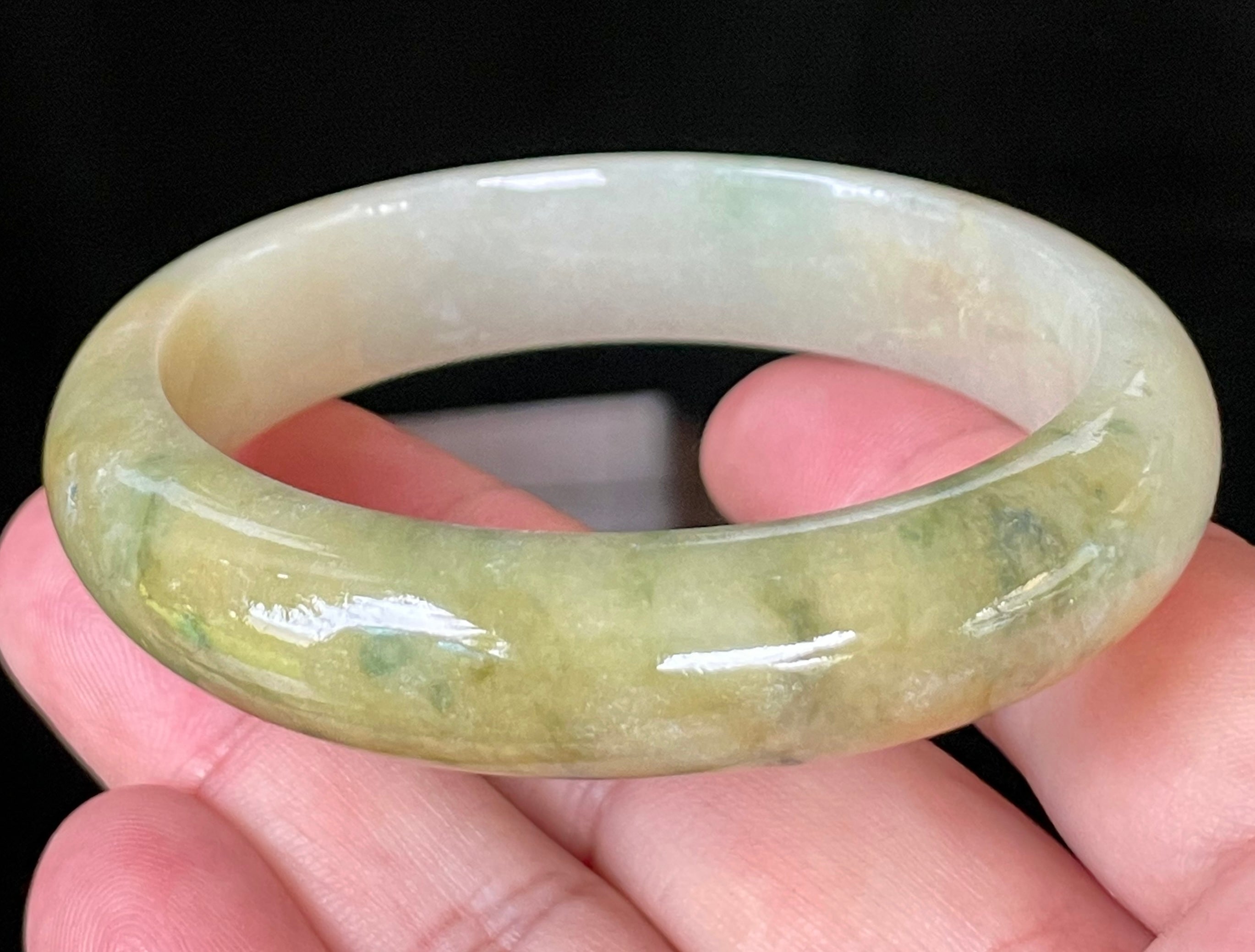 Natural Grade A Certified Burmese Jadeite Jade Bangle – Icy Yellow & Honey with Apple & Imperial Green with Milky White Hues – 58.3mm – JB053