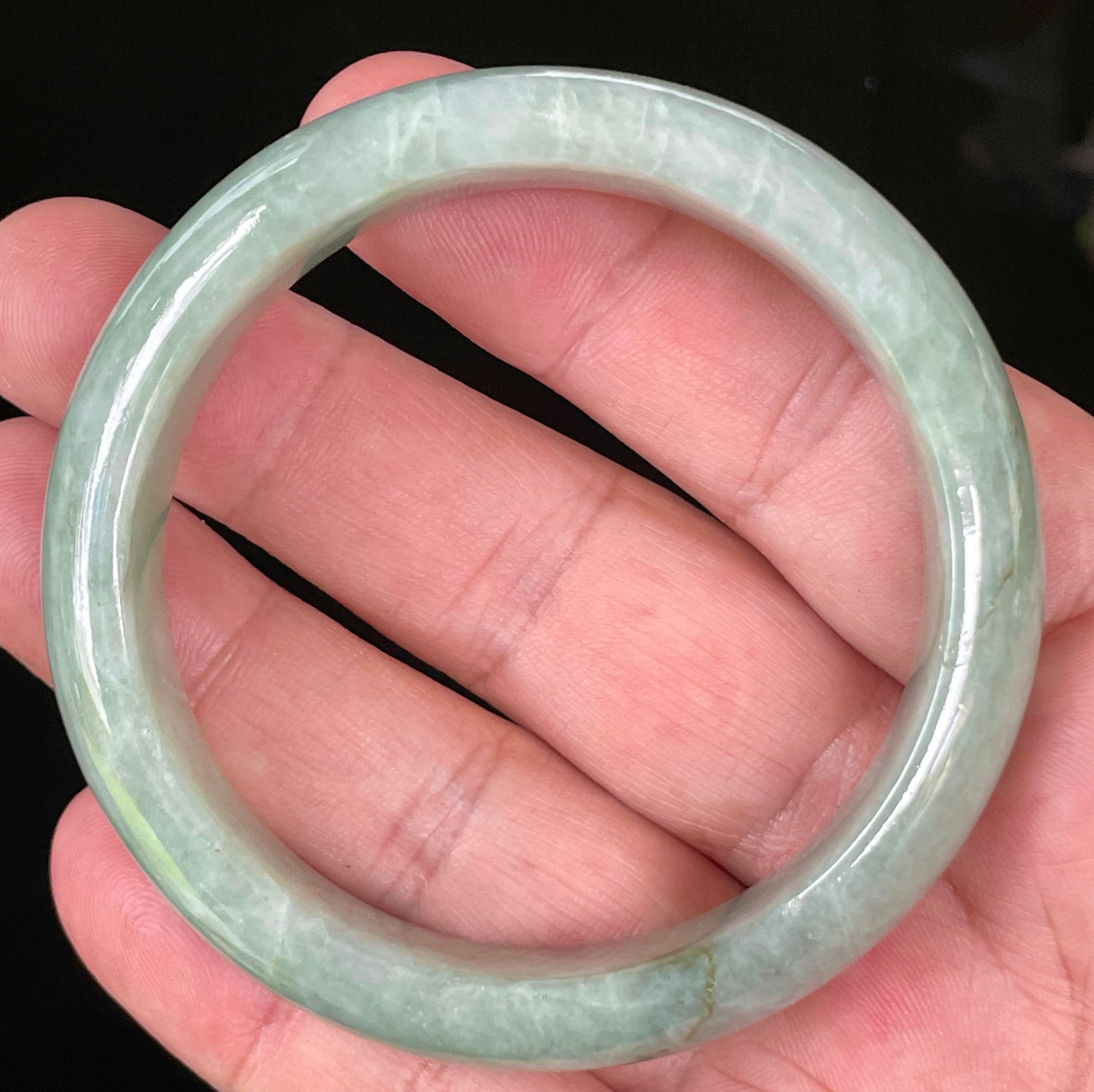 Natural Grade A Certified Burmese Jadeite Jade Bangle – Icy Light Bluish Apple Green with Greyish Milky White Hues – 55.5mm – JB034