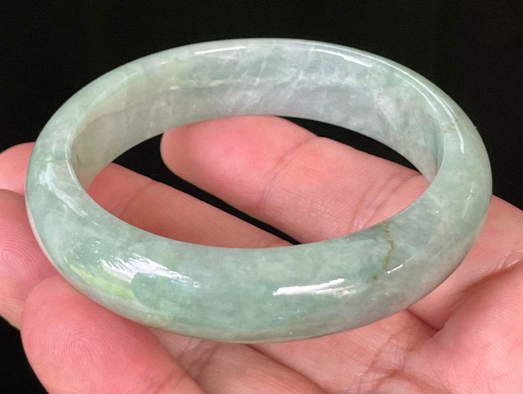 Natural Grade A Certified Burmese Jadeite Jade Bangle – Icy Light Bluish Apple Green with Greyish Milky White Hues – 55.5mm – JB034