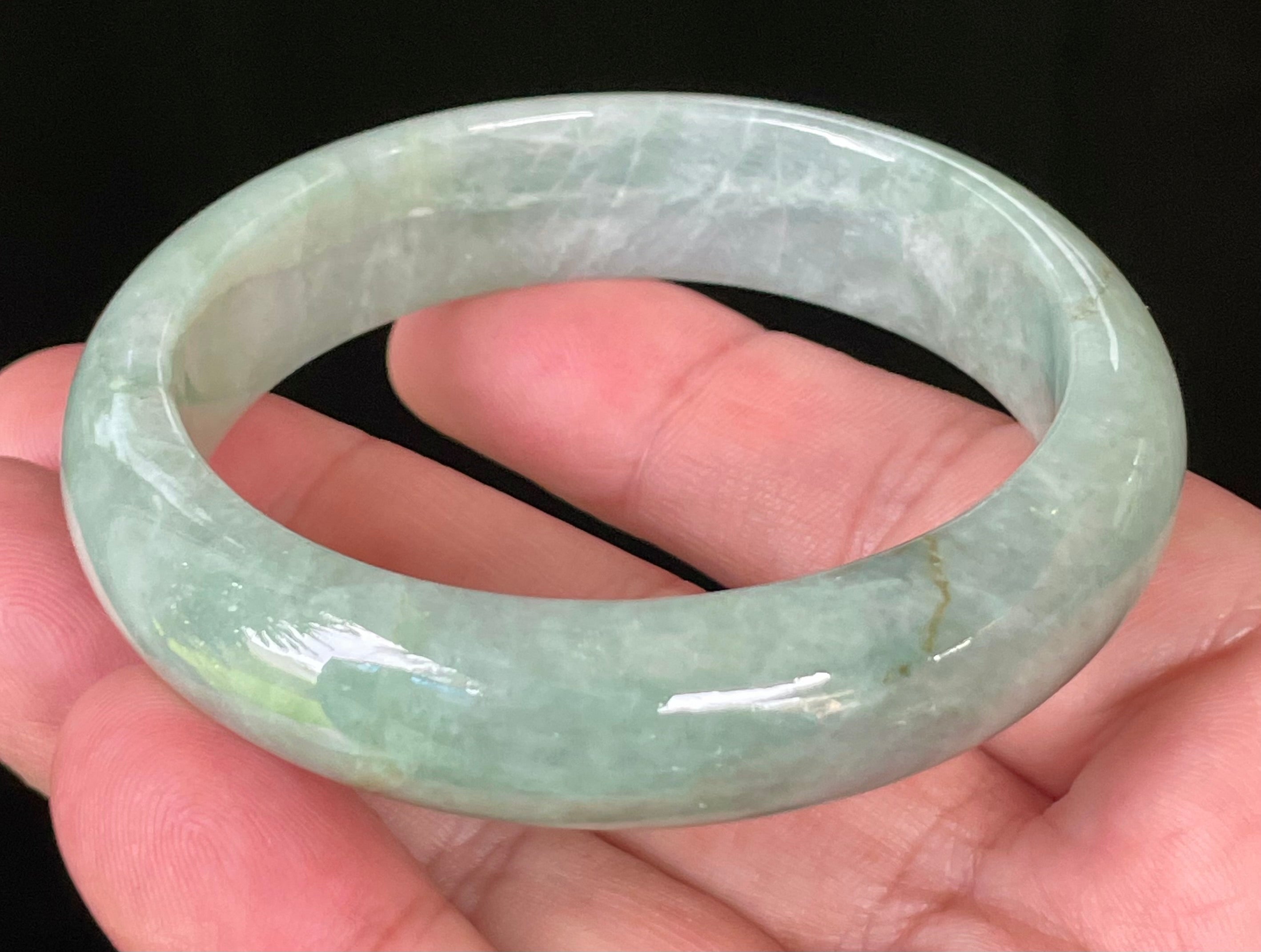 Natural Grade A Certified Burmese Jadeite Jade Bangle – Icy Light Bluish Apple Green with Greyish Milky White Hues – 55.5mm – JB034