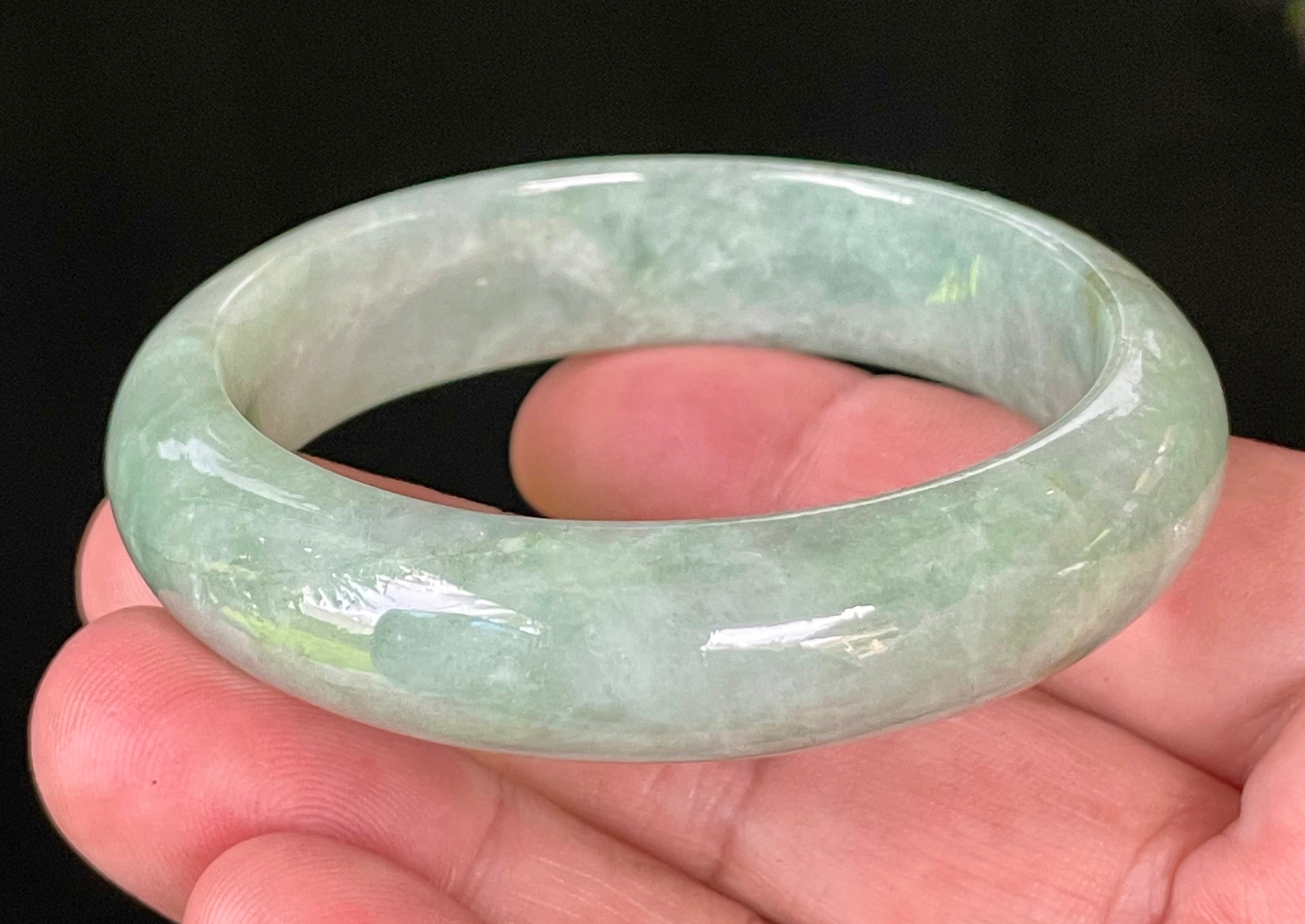 Natural Grade A Certified Burmese Jadeite Jade Bangle – Icy Light Bluish Apple Green with Greyish Milky White Hues – 55.5mm – JB034
