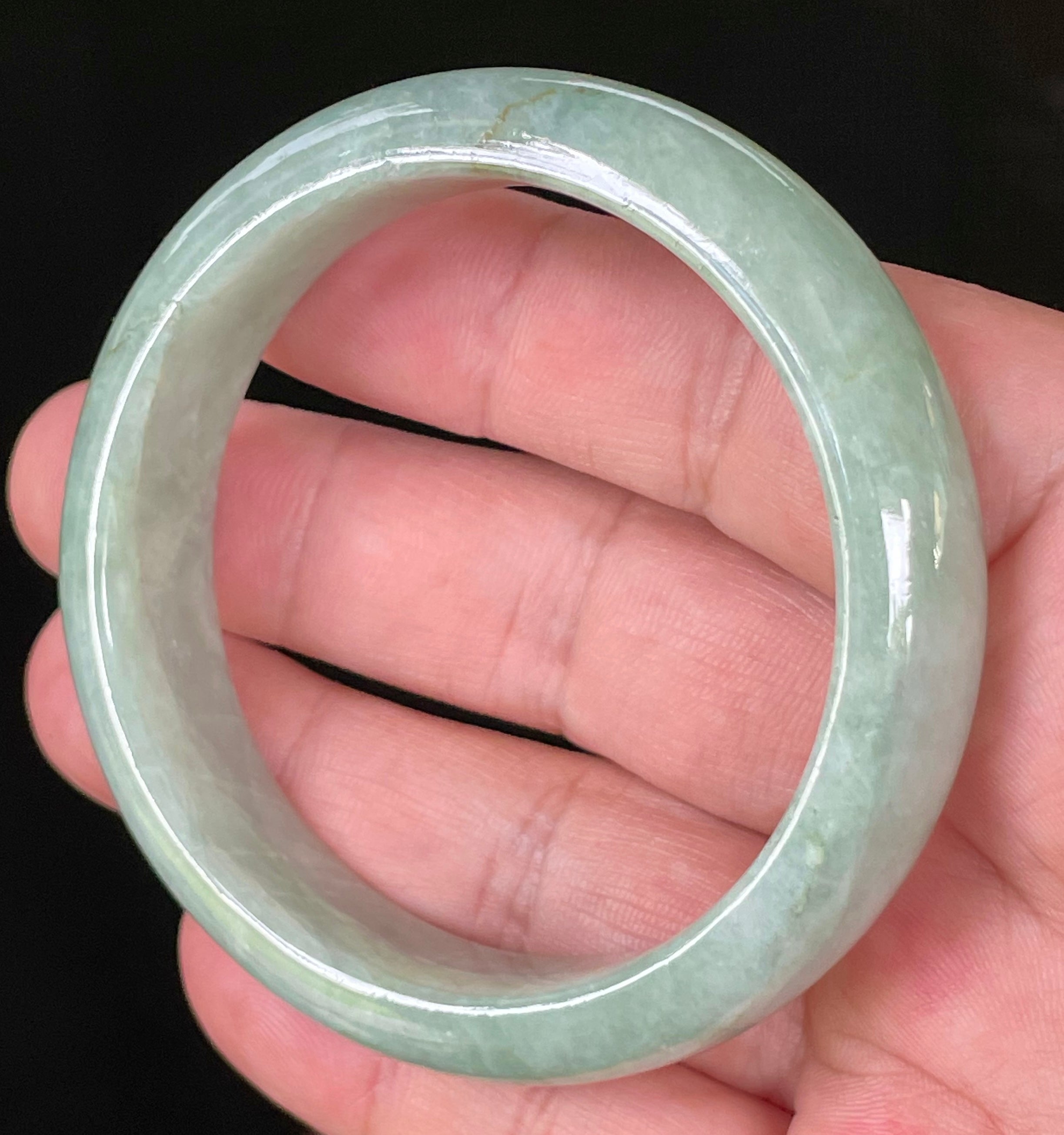 Natural Grade A Certified Burmese Jadeite Jade Bangle – Icy Light Bluish Apple Green with Greyish Milky White Hues – 55.5mm – JB034
