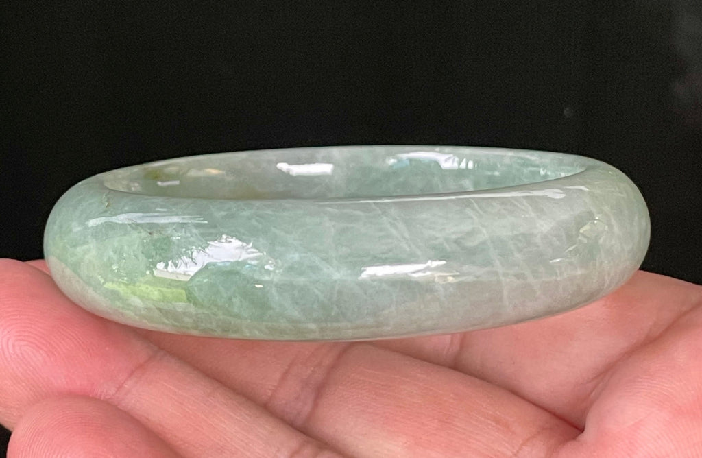 Natural Grade A Certified Burmese Jadeite Jade Bangle – Icy Light Bluish Apple Green with Greyish Milky White Hues – 55.5mm – JB034