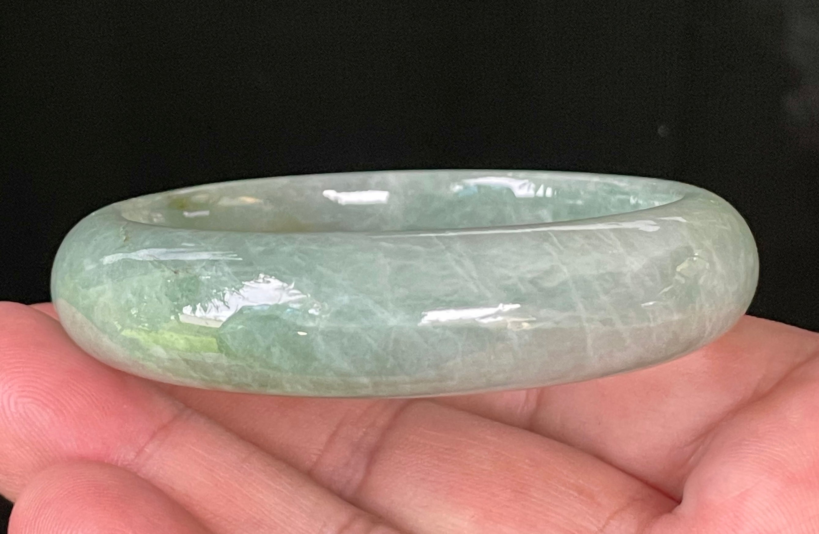 Natural Grade A Certified Burmese Jadeite Jade Bangle – Icy Light Bluish Apple Green with Greyish Milky White Hues – 55.5mm – JB034