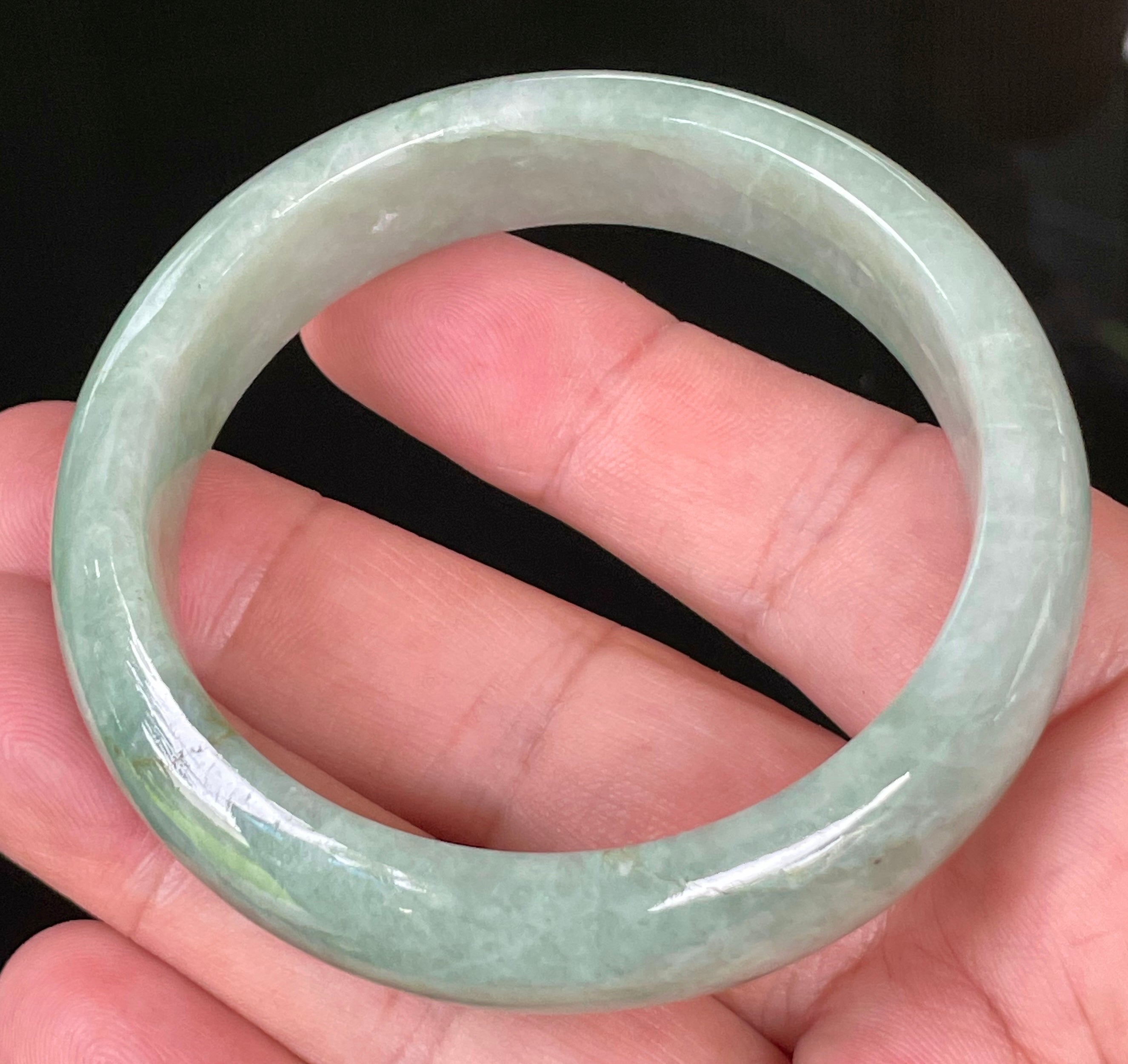 Natural Grade A Certified Burmese Jadeite Jade Bangle – Icy Light Bluish Apple Green with Greyish Milky White Hues – 55.5mm – JB034