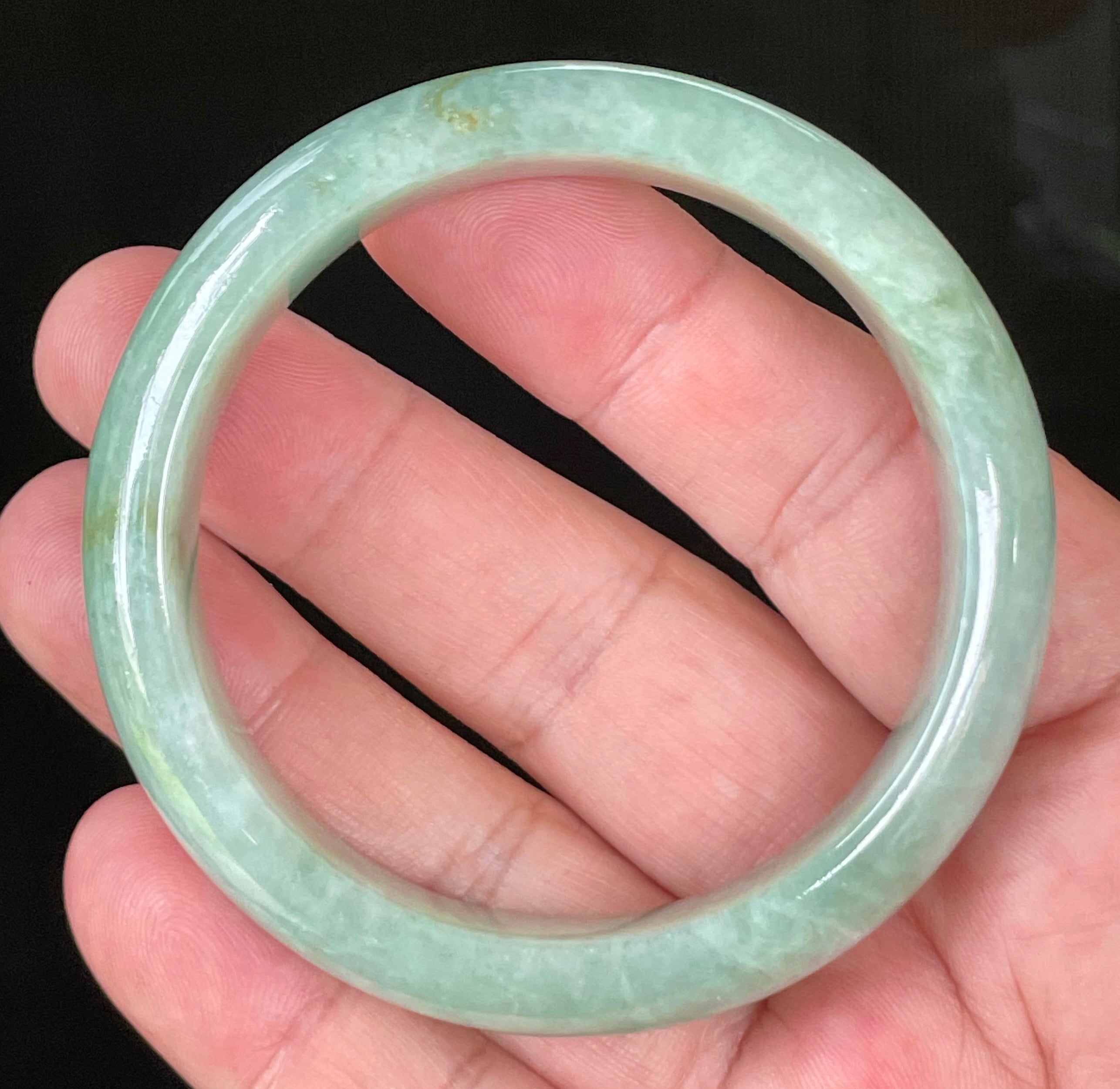 Natural Grade A Certified Burmese Jadeite Jade Bangle – Icy Light Bluish Apple Green with Greyish Milky White Hues – 55.5mm – JB034