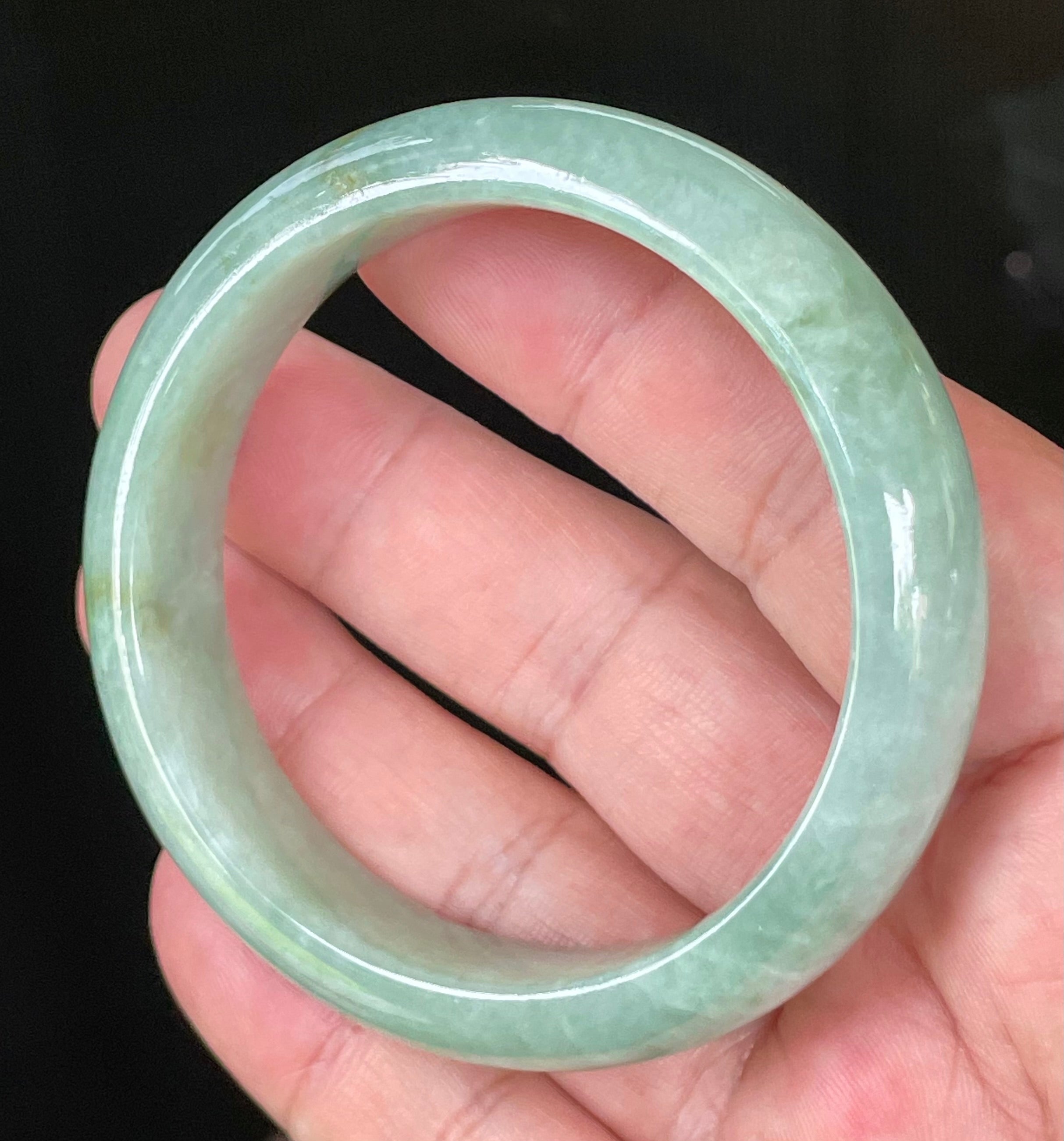 Natural Grade A Certified Burmese Jadeite Jade Bangle – Icy Light Bluish Apple Green with Greyish Milky White Hues – 55.5mm – JB034