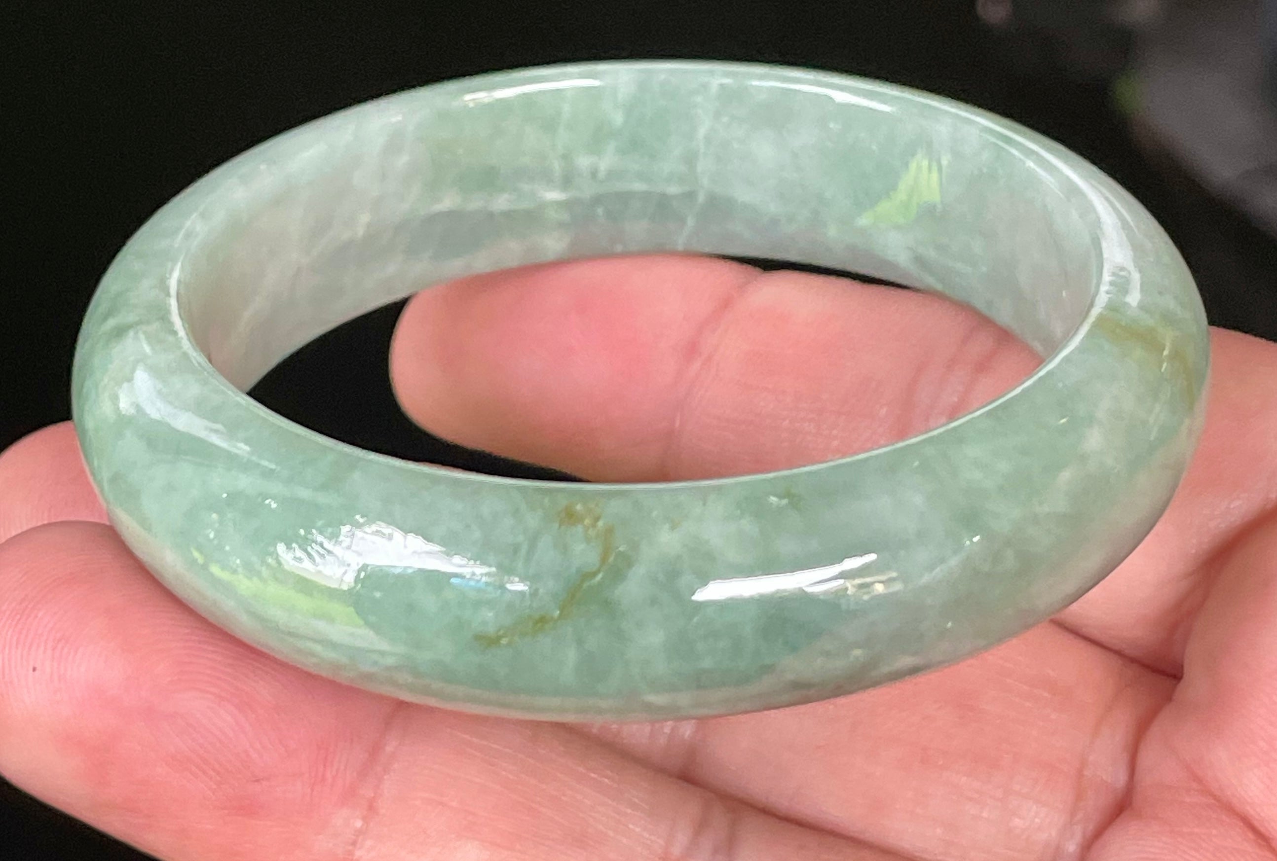 Natural Grade A Certified Burmese Jadeite Jade Bangle – Icy Light Bluish Apple Green with Greyish Milky White Hues – 55.5mm – JB034