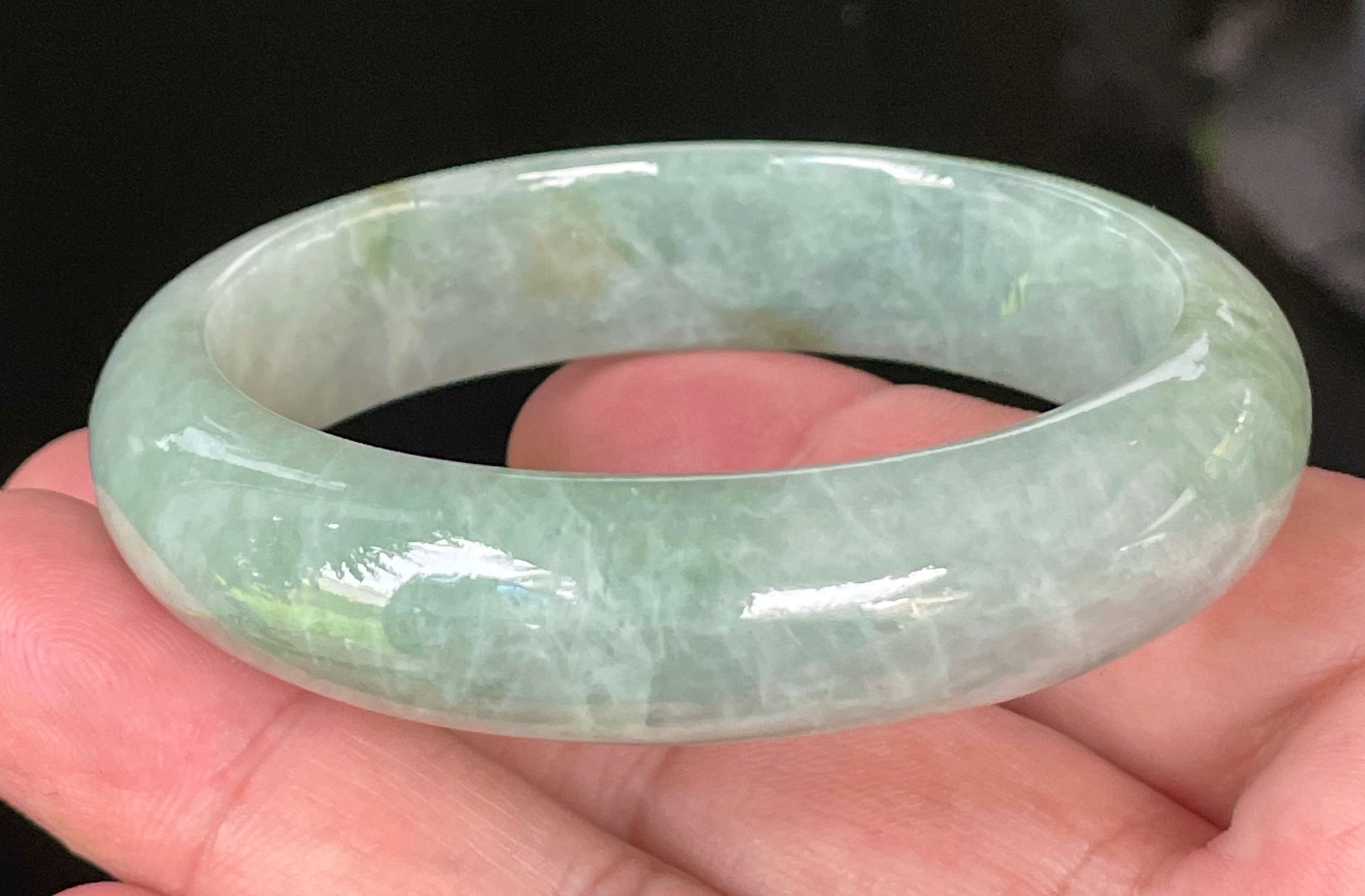Natural Grade A Certified Burmese Jadeite Jade Bangle – Icy Light Bluish Apple Green with Greyish Milky White Hues – 55.5mm – JB034