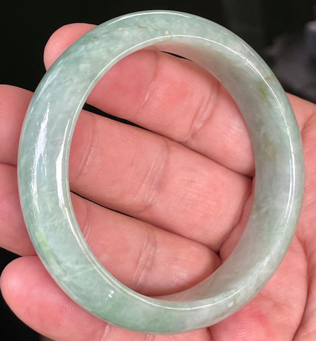 Natural Grade A Certified Burmese Jadeite Jade Bangle – Icy Light Bluish Apple Green with Greyish Milky White Hues – 55.5mm – JB034