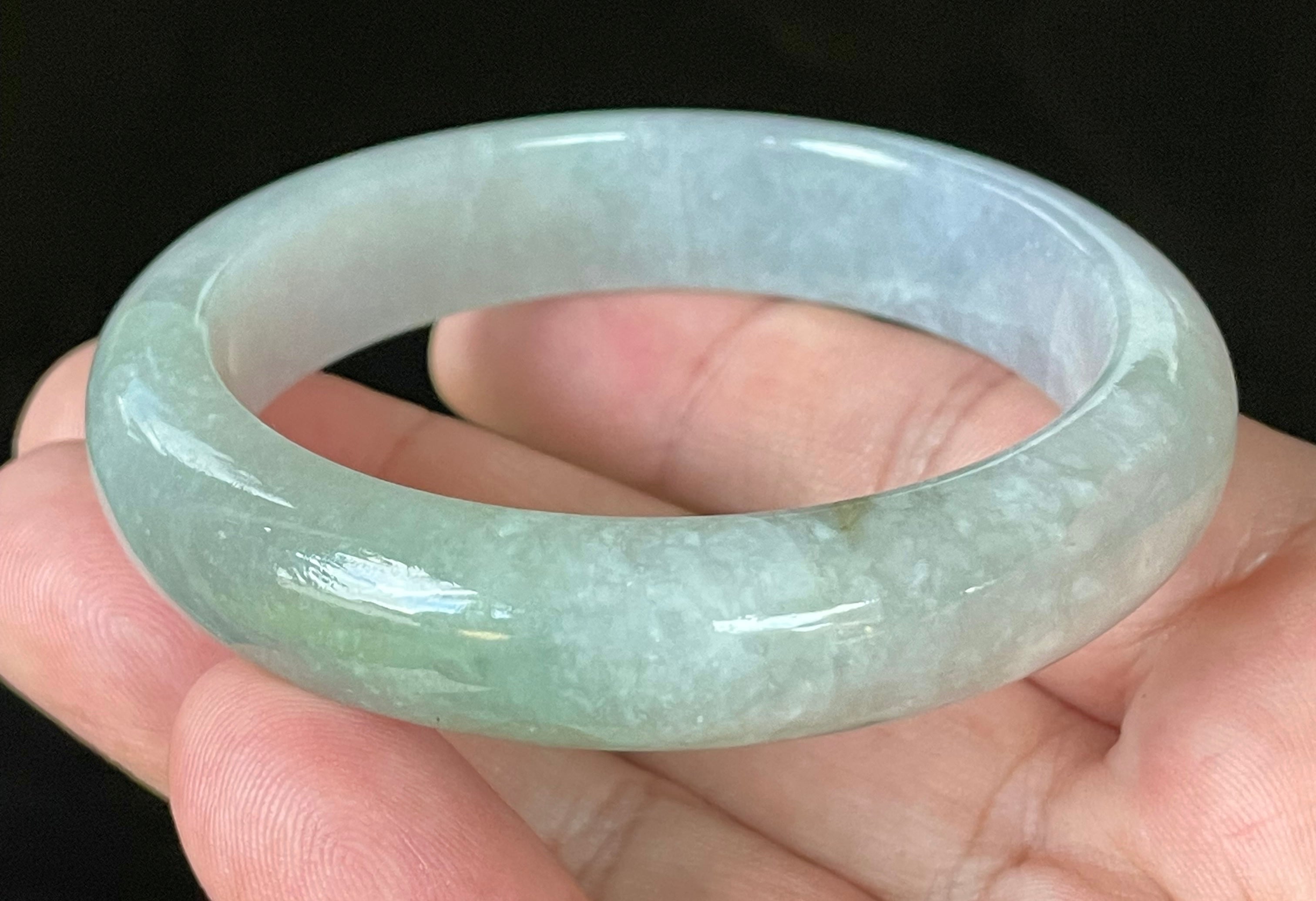 Natural Grade A Certified Burmese Jadeite Jade Bangle – Very Icy Light Lavender & Milky White with Apple Green Hues – 55.9mm – JB126