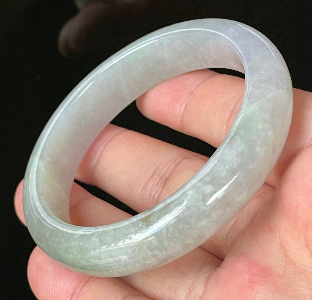 Natural Grade A Certified Burmese Jadeite Jade Bangle – Very Icy Light Lavender & Milky White with Apple Green Hues – 55.9mm – JB126