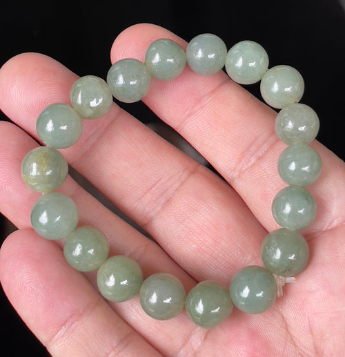 Natural Grade A Burmese Jadeite Jade Beaded Bracelet – Icy Apple Green – Hand-Shaped Round Beads – 10.5mm – JBB128