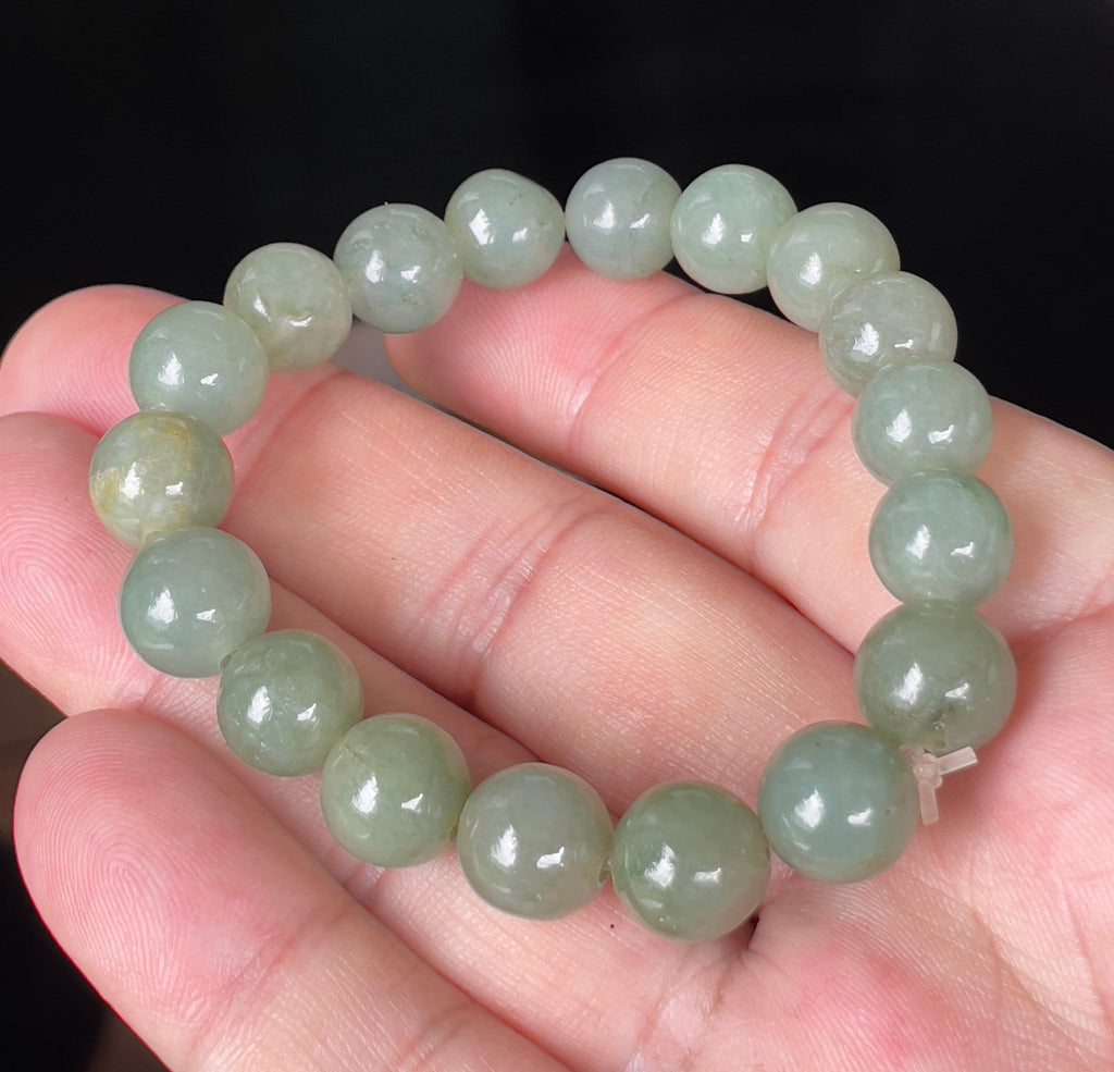 Natural Grade A Burmese Jadeite Jade Beaded Bracelet – Icy Apple Green – Hand-Shaped Round Beads – 10.5mm – JBB128
