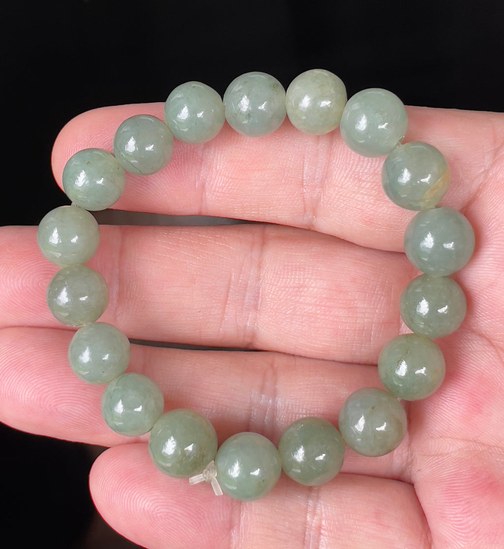 Natural Grade A Burmese Jadeite Jade Beaded Bracelet – Icy Apple Green – Hand-Shaped Round Beads – 10.5mm – JBB128