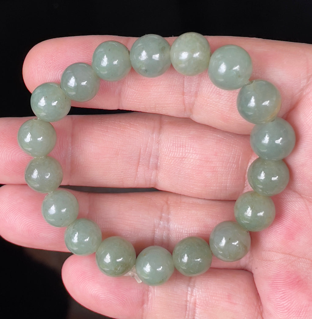 Natural Grade A Burmese Jadeite Jade Beaded Bracelet – Icy Apple Green – Hand-Shaped Round Beads – 10.5mm – JBB128